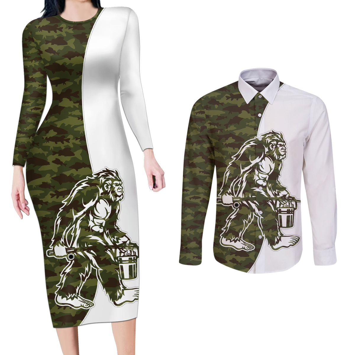 Funny Bigfoot Green Military Texture Fish Couples Matching Long Sleeve Bodycon Dress and Long Sleeve Button Shirt - Wonder Print Shop