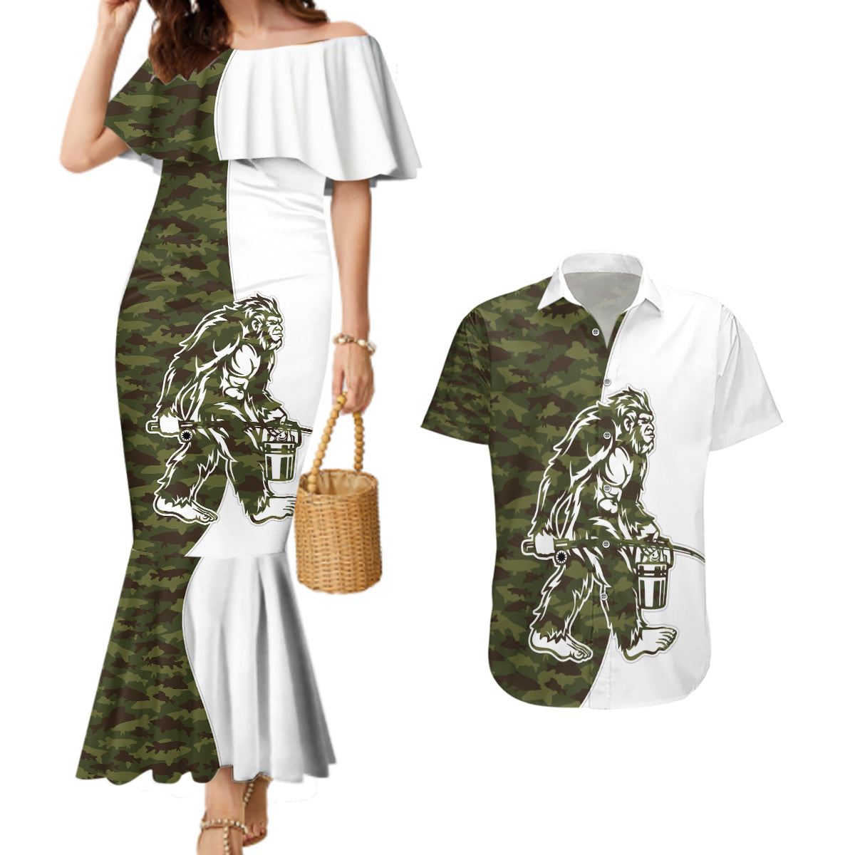 Funny Bigfoot Green Military Texture Fish Couples Matching Mermaid Dress and Hawaiian Shirt - Wonder Print Shop