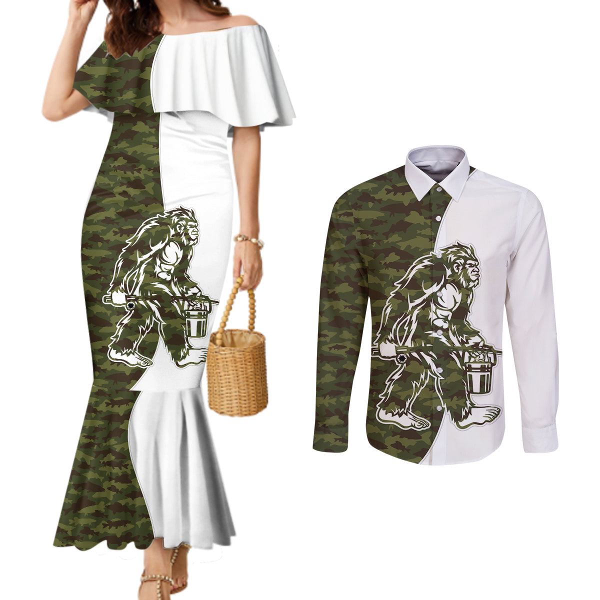 Funny Bigfoot Green Military Texture Fish Couples Matching Mermaid Dress and Long Sleeve Button Shirt