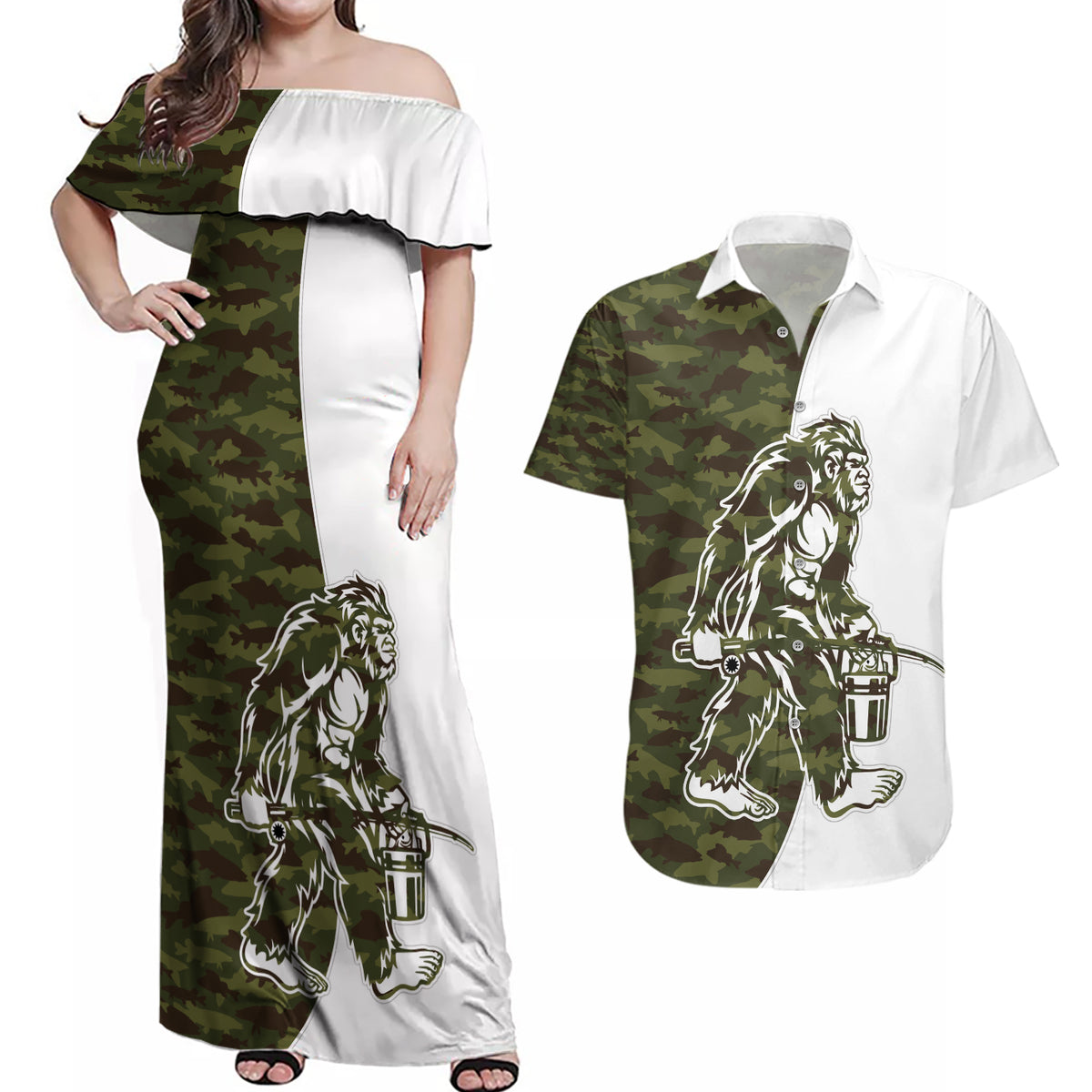 Funny Bigfoot Green Military Texture Fish Couples Matching Off Shoulder Maxi Dress and Hawaiian Shirt - Wonder Print Shop