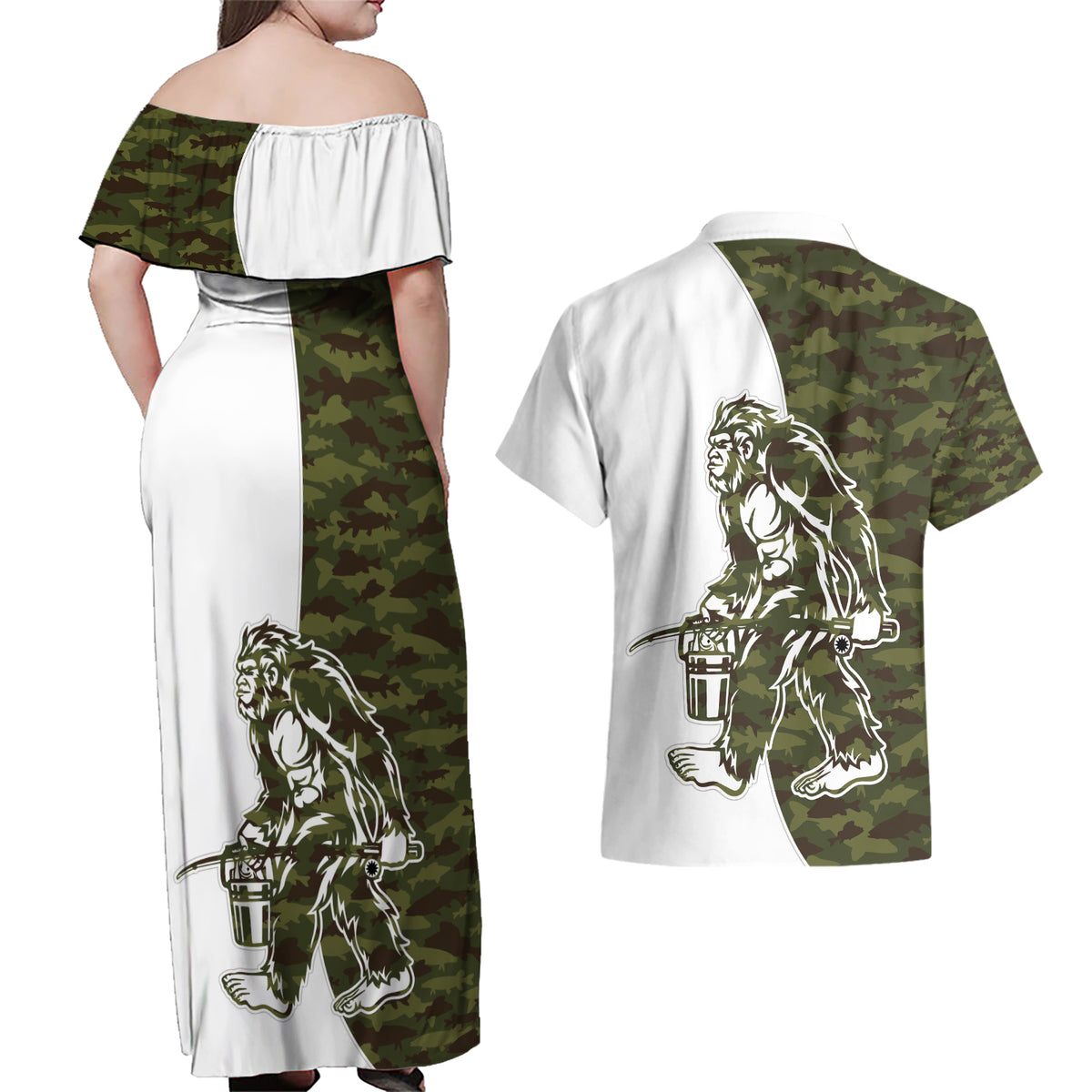 Funny Bigfoot Green Military Texture Fish Couples Matching Off Shoulder Maxi Dress and Hawaiian Shirt - Wonder Print Shop