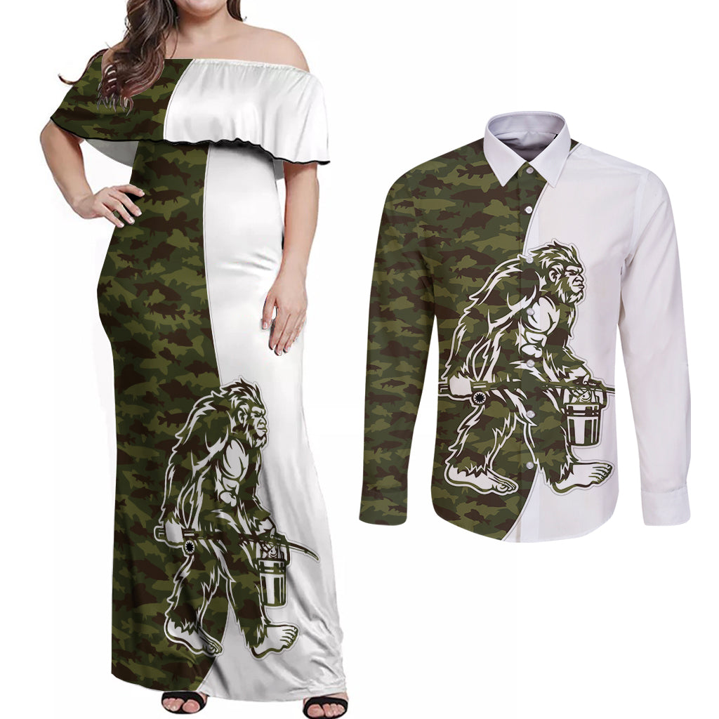 Funny Bigfoot Green Military Texture Fish Couples Matching Off Shoulder Maxi Dress and Long Sleeve Button Shirt - Wonder Print Shop