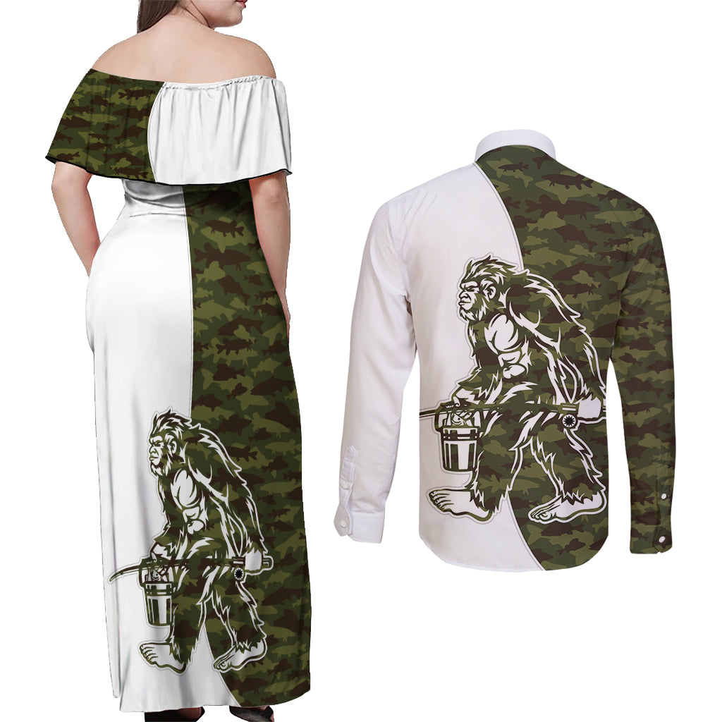 Funny Bigfoot Green Military Texture Fish Couples Matching Off Shoulder Maxi Dress and Long Sleeve Button Shirt - Wonder Print Shop