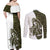 Funny Bigfoot Green Military Texture Fish Couples Matching Off Shoulder Maxi Dress and Long Sleeve Button Shirt - Wonder Print Shop