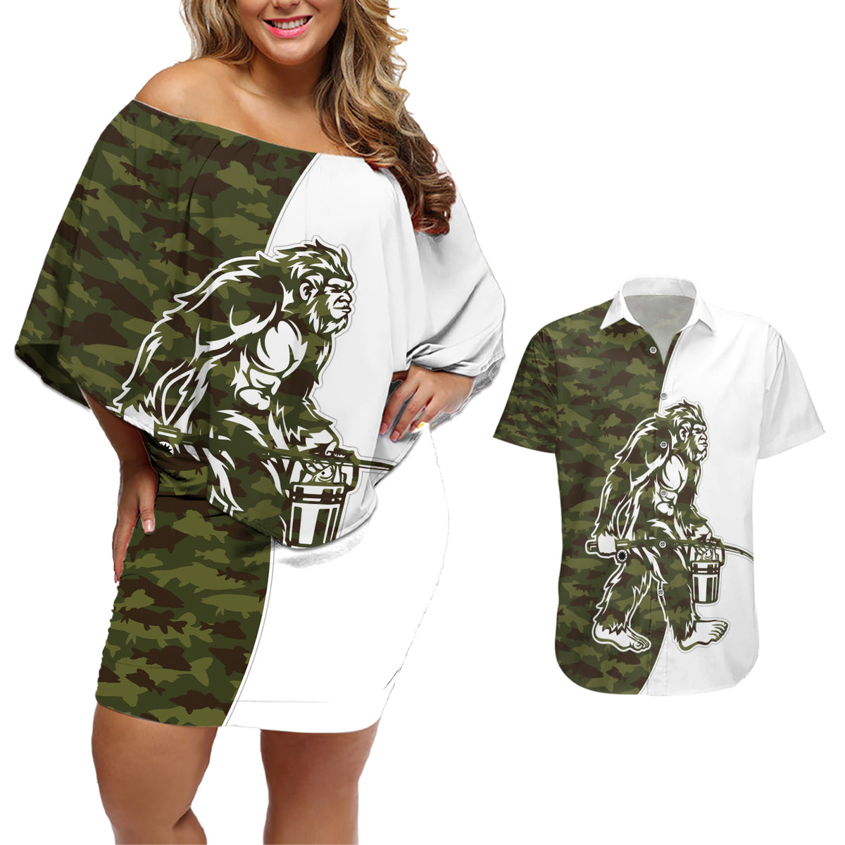 Funny Bigfoot Green Military Texture Fish Couples Matching Off Shoulder Short Dress and Hawaiian Shirt - Wonder Print Shop