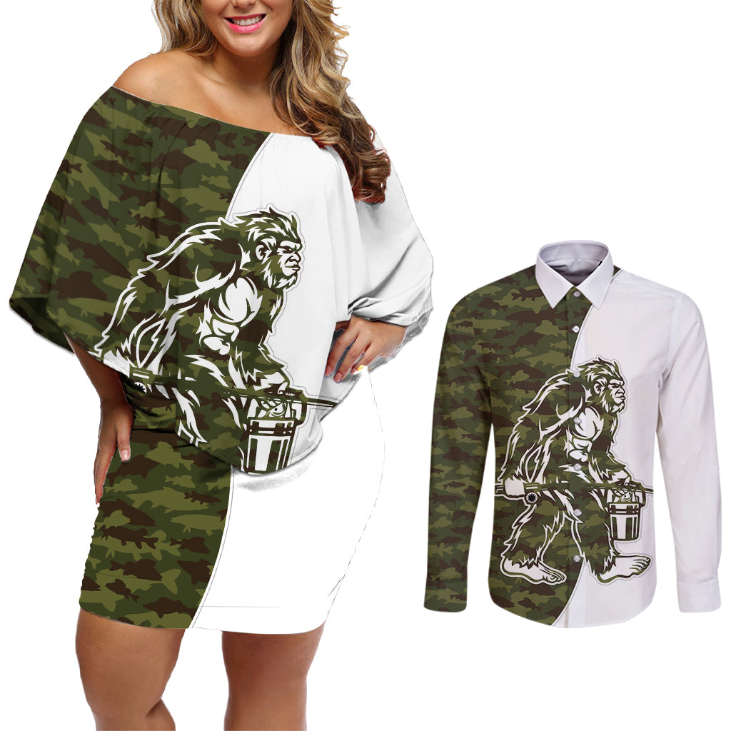 Funny Bigfoot Green Military Texture Fish Couples Matching Off Shoulder Short Dress and Long Sleeve Button Shirt - Wonder Print Shop