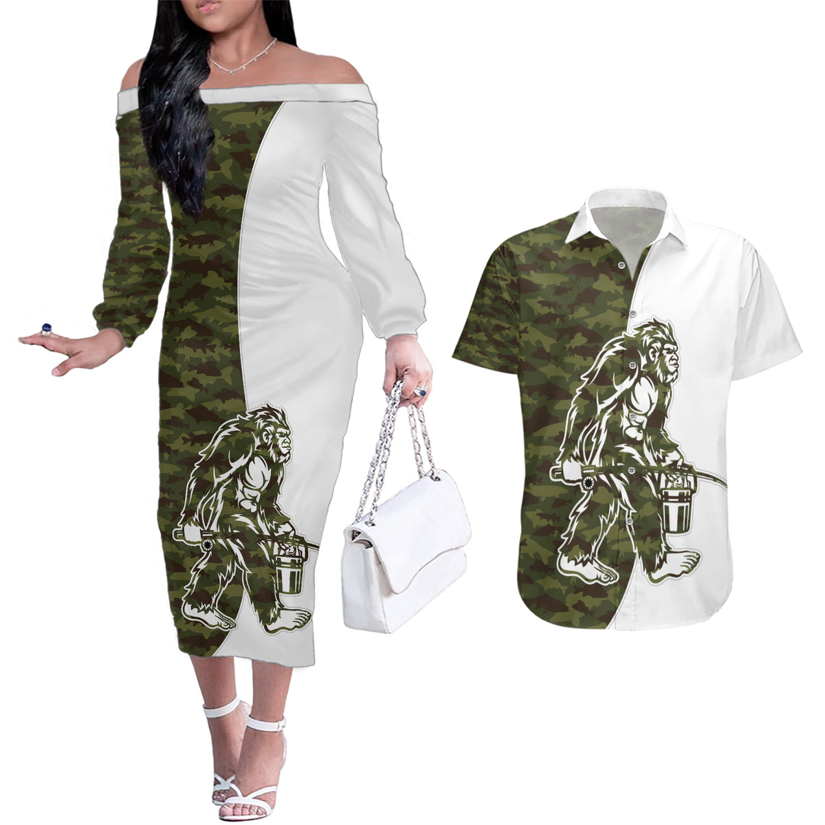 Funny Bigfoot Green Military Texture Fish Couples Matching Off The Shoulder Long Sleeve Dress and Hawaiian Shirt - Wonder Print Shop