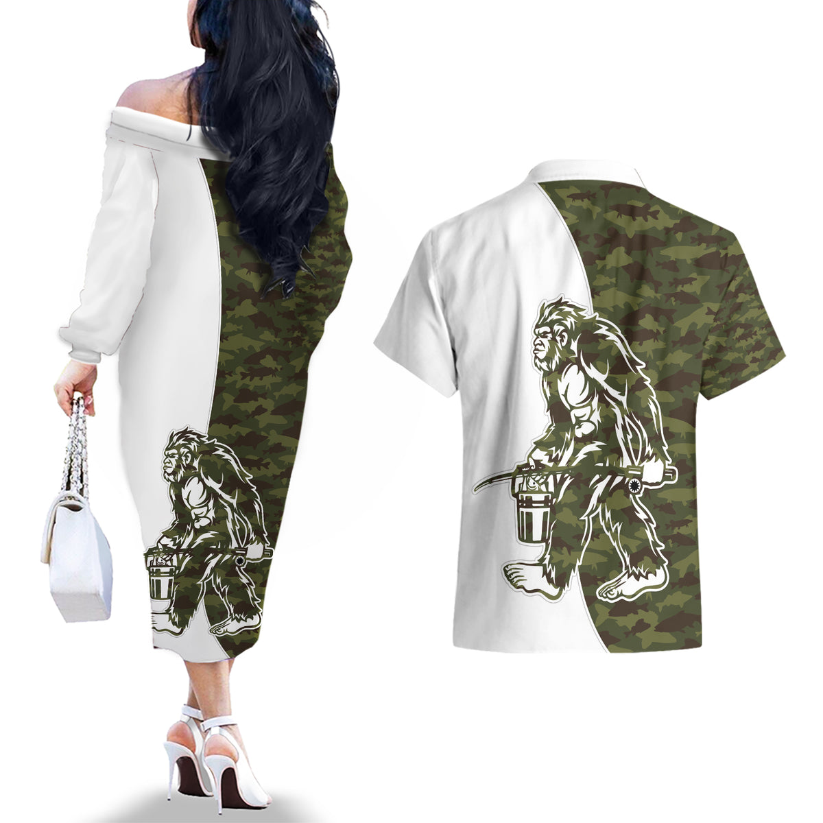 Funny Bigfoot Green Military Texture Fish Couples Matching Off The Shoulder Long Sleeve Dress and Hawaiian Shirt - Wonder Print Shop