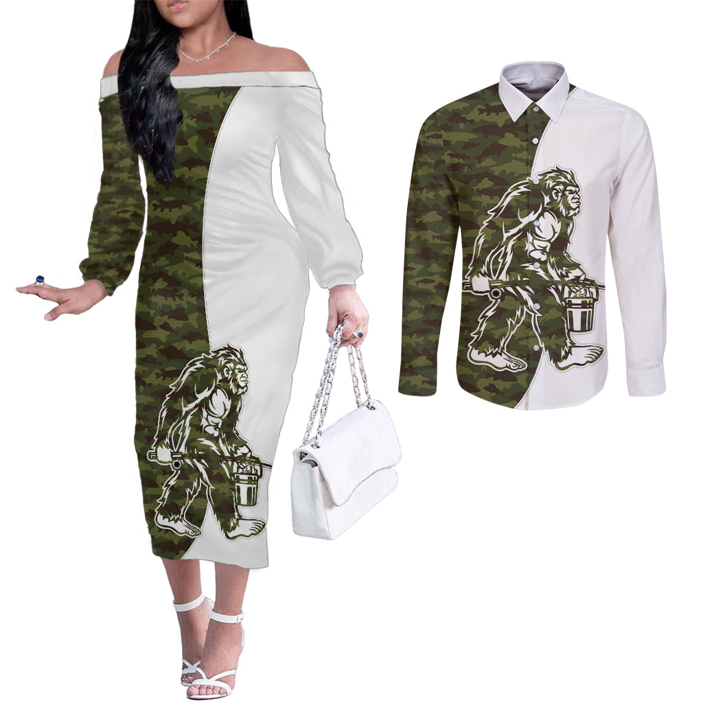 Funny Bigfoot Green Military Texture Fish Couples Matching Off The Shoulder Long Sleeve Dress and Long Sleeve Button Shirt