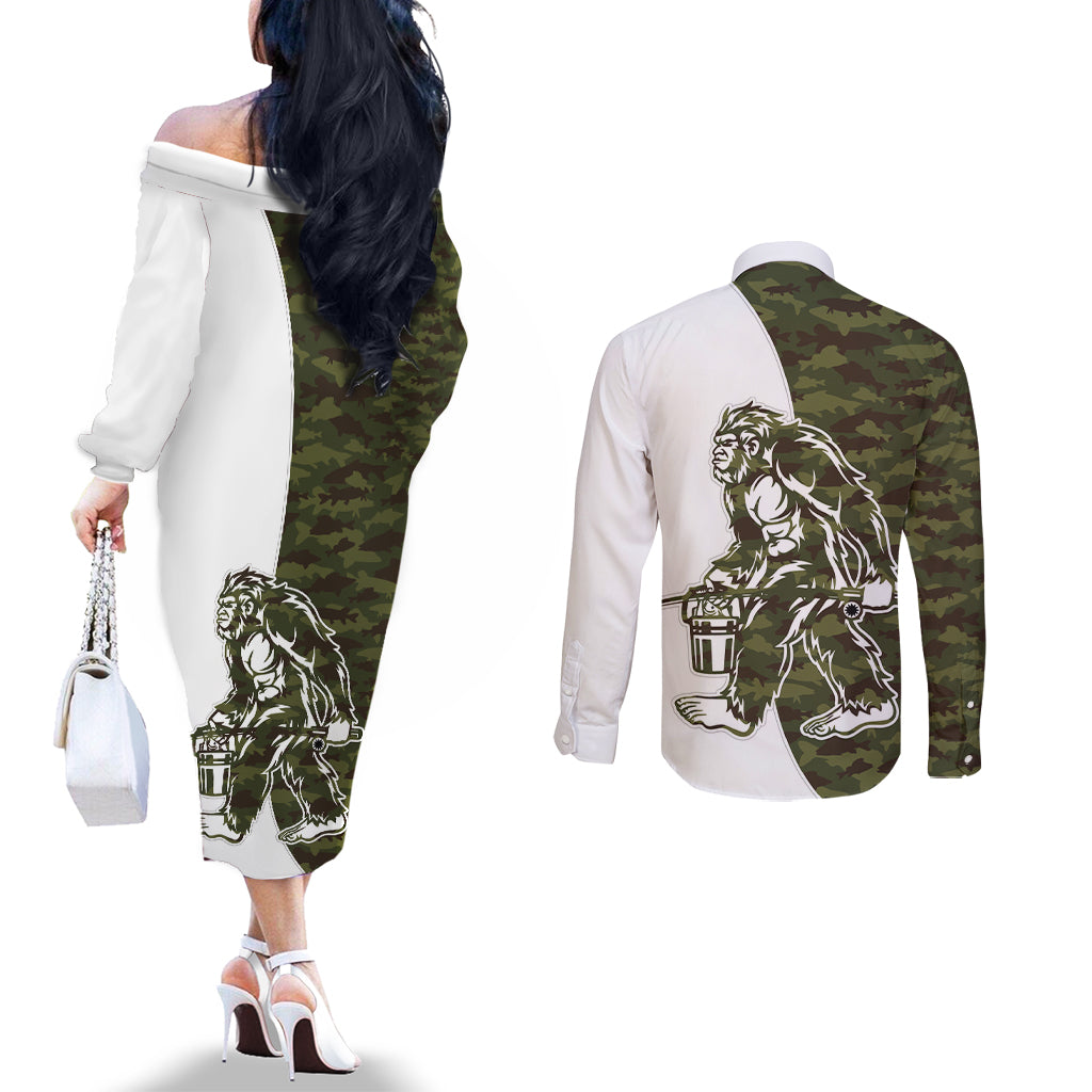 Funny Bigfoot Green Military Texture Fish Couples Matching Off The Shoulder Long Sleeve Dress and Long Sleeve Button Shirt