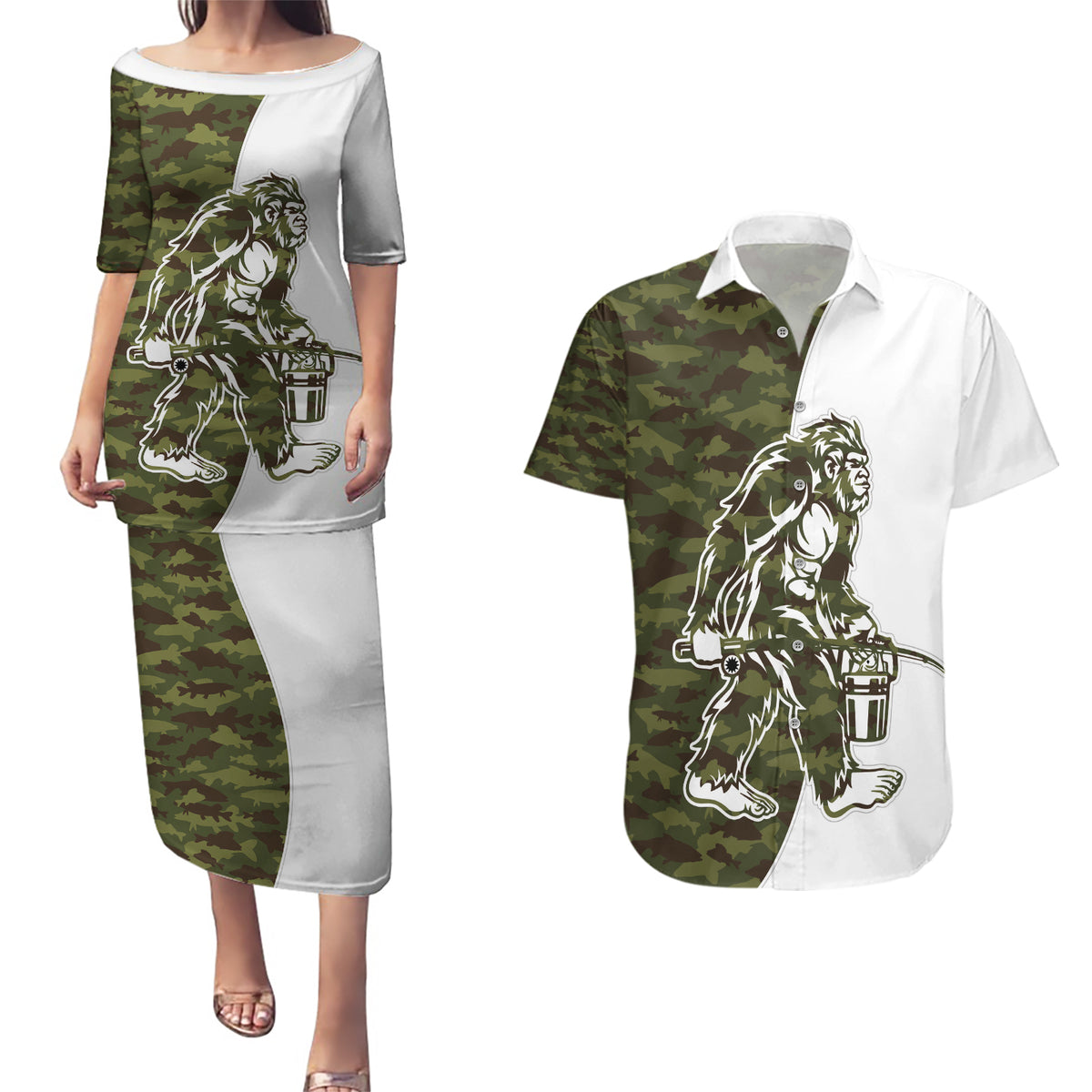Funny Bigfoot Green Military Texture Fish Couples Matching Puletasi and Hawaiian Shirt - Wonder Print Shop