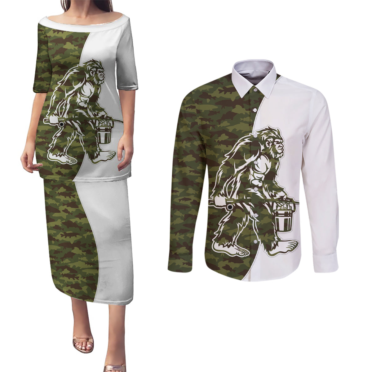 Funny Bigfoot Green Military Texture Fish Couples Matching Puletasi and Long Sleeve Button Shirt - Wonder Print Shop