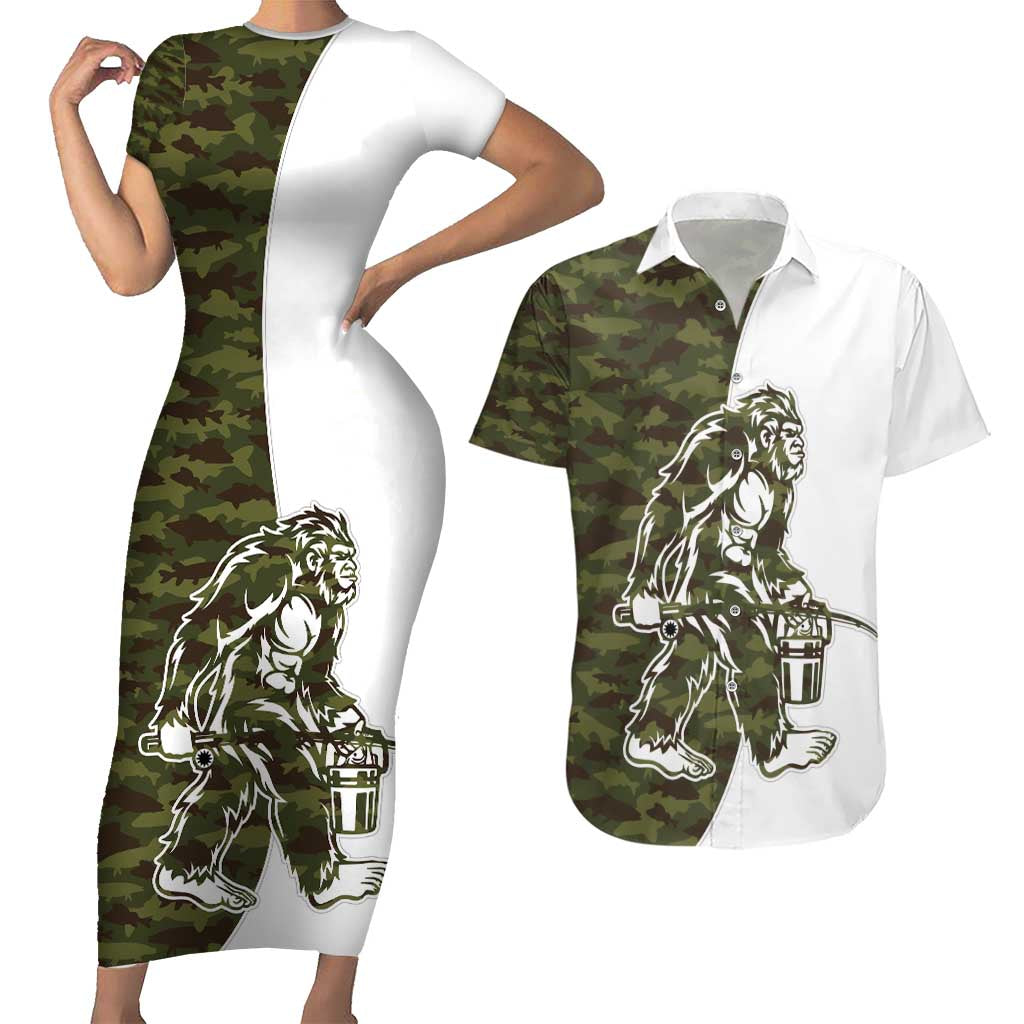 Funny Bigfoot Green Military Texture Fish Couples Matching Short Sleeve Bodycon Dress and Hawaiian Shirt LT03