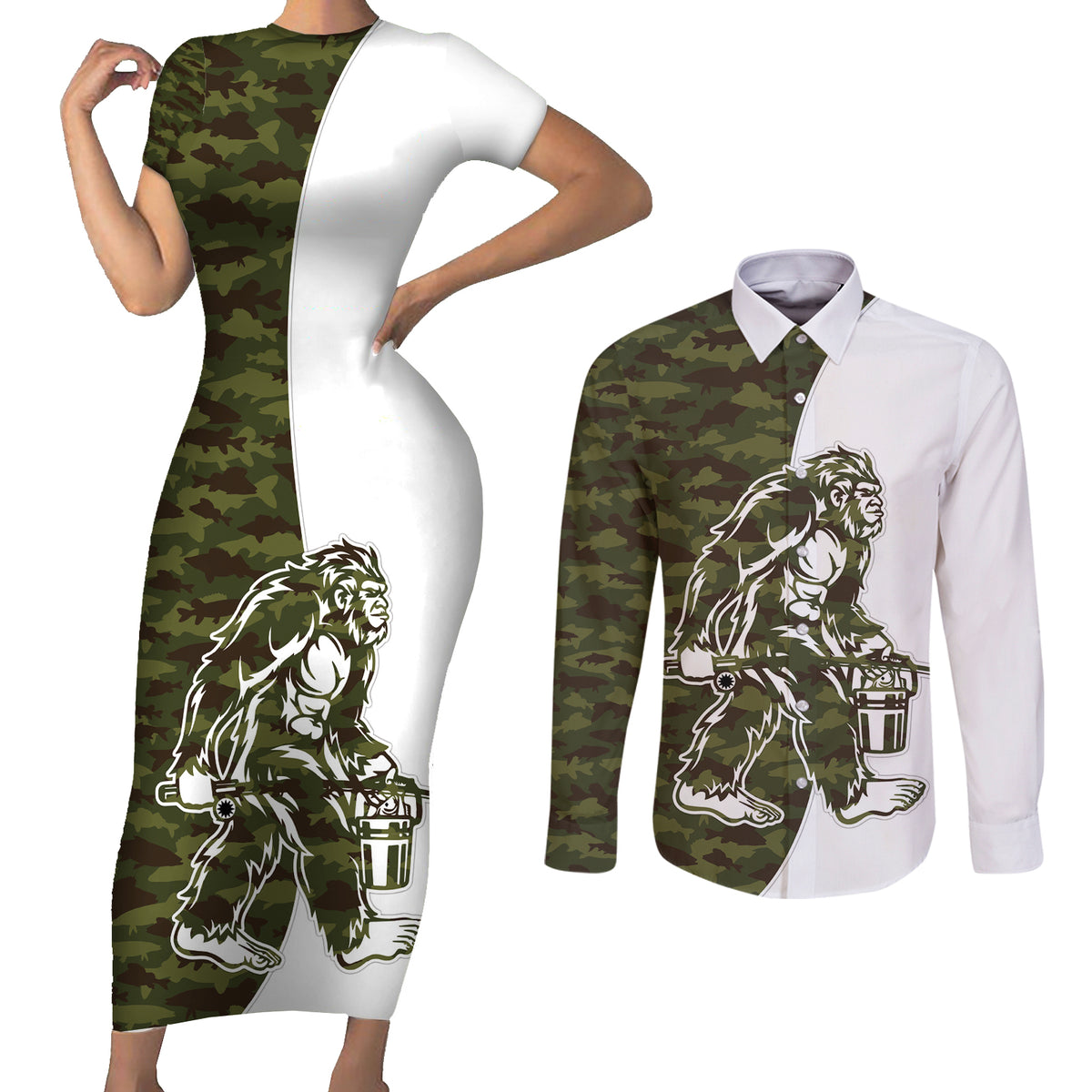 Funny Bigfoot Green Military Texture Fish Couples Matching Short Sleeve Bodycon Dress and Long Sleeve Button Shirt - Wonder Print Shop