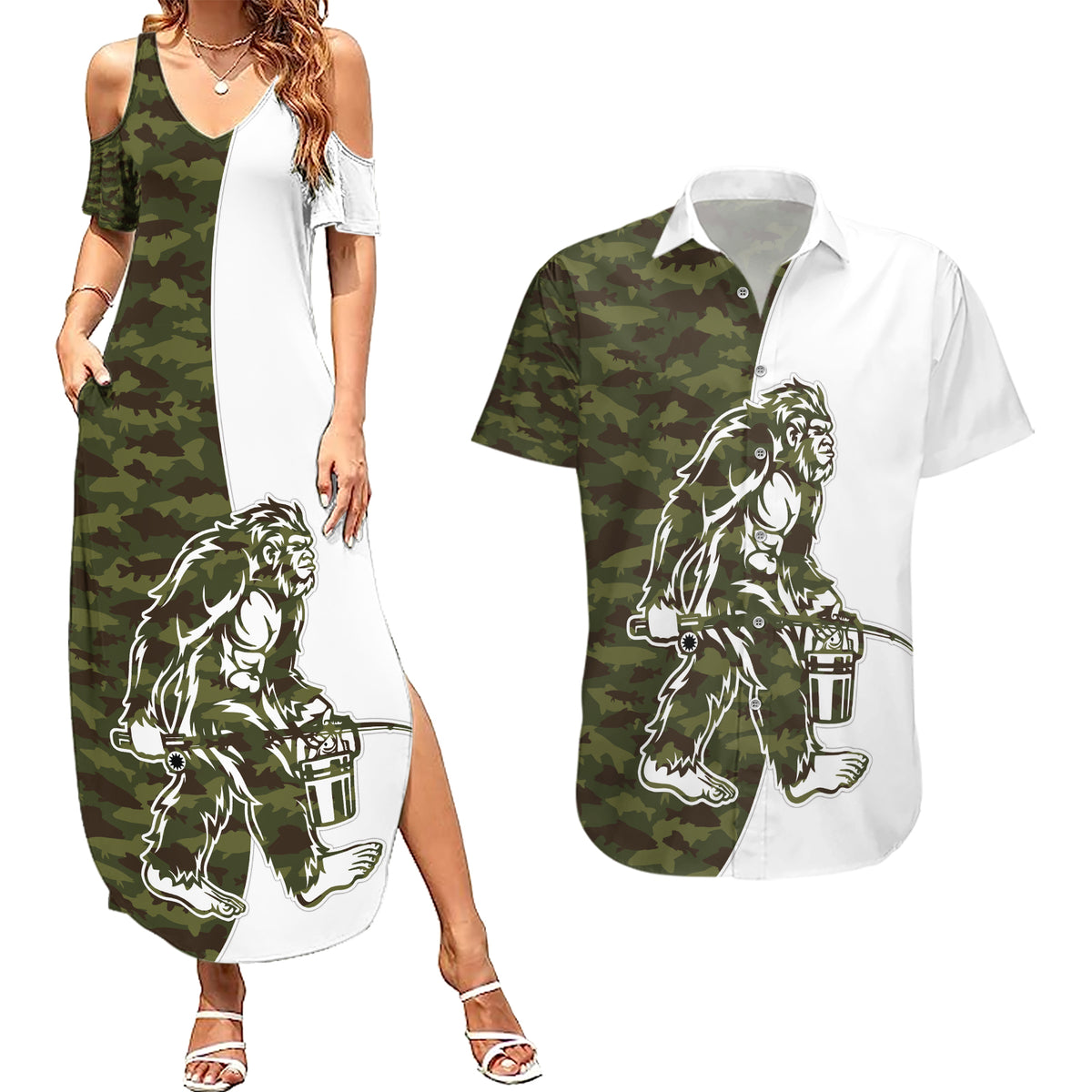 Funny Bigfoot Green Military Texture Fish Couples Matching Summer Maxi Dress and Hawaiian Shirt - Wonder Print Shop
