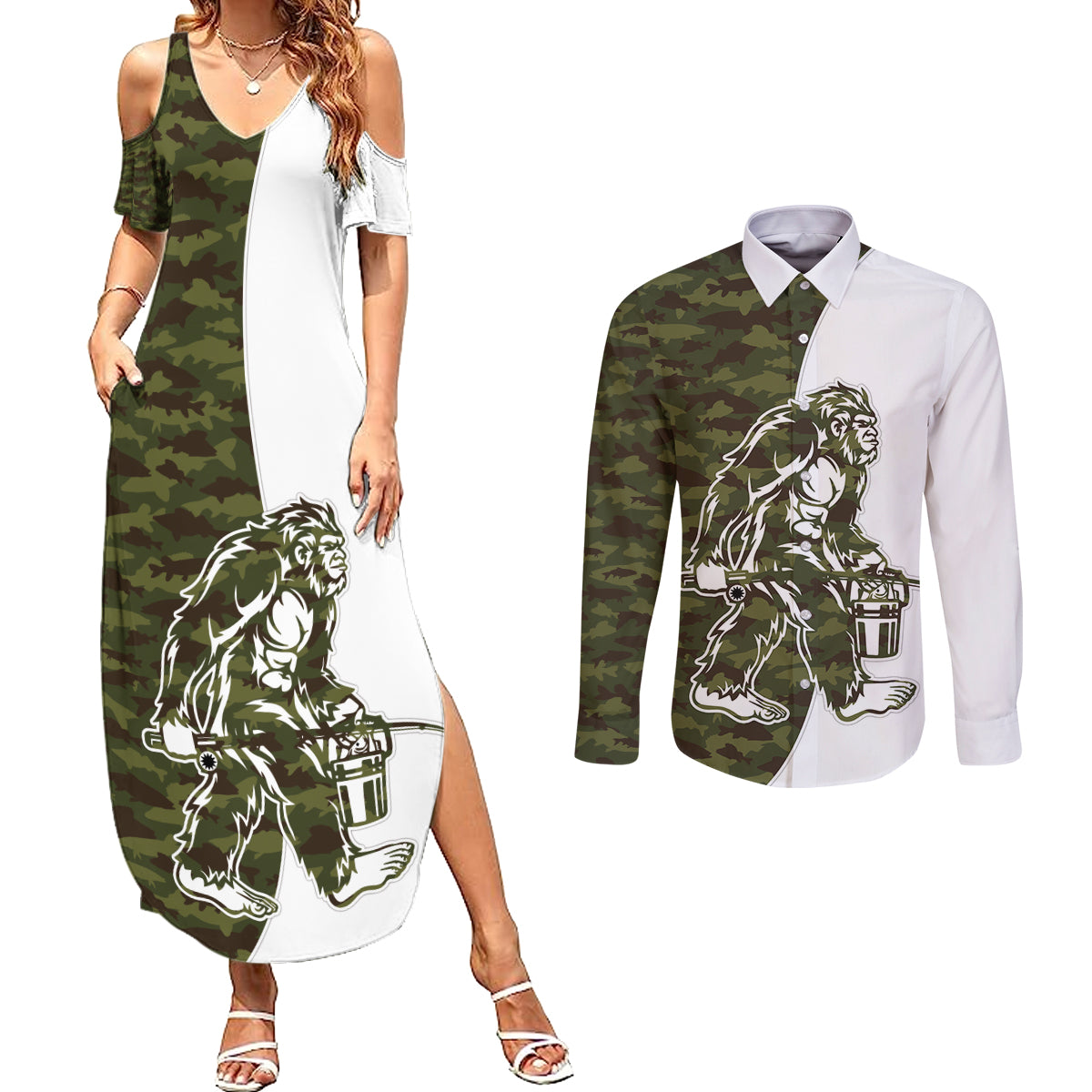 Funny Bigfoot Green Military Texture Fish Couples Matching Summer Maxi Dress and Long Sleeve Button Shirt - Wonder Print Shop