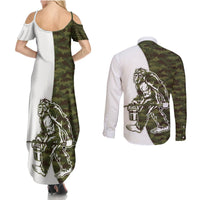 Funny Bigfoot Green Military Texture Fish Couples Matching Summer Maxi Dress and Long Sleeve Button Shirt - Wonder Print Shop