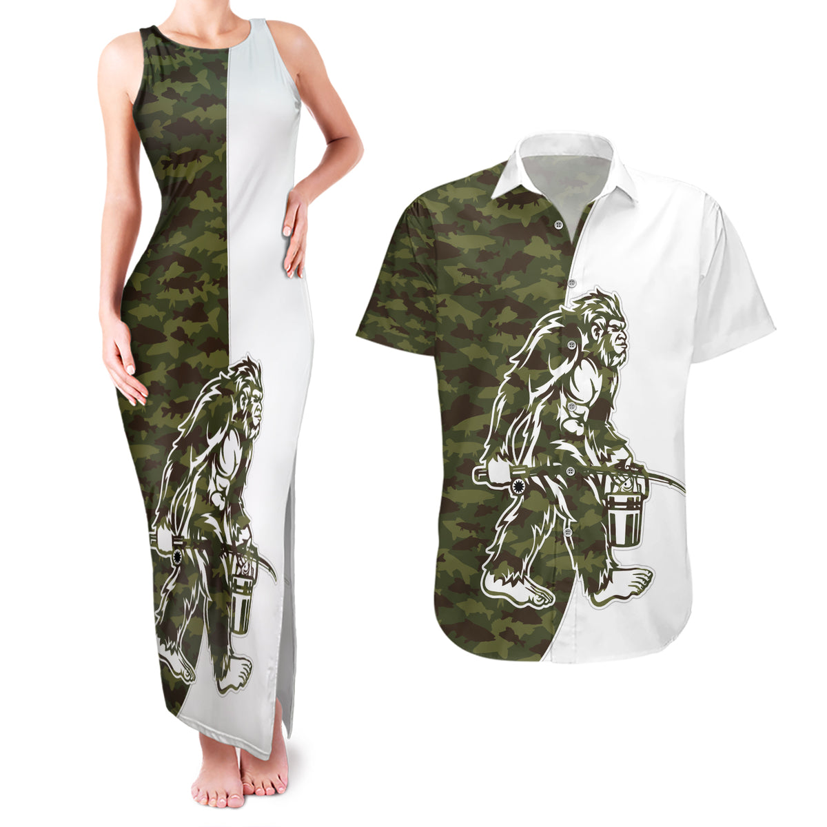 Funny Bigfoot Green Military Texture Fish Couples Matching Tank Maxi Dress and Hawaiian Shirt - Wonder Print Shop