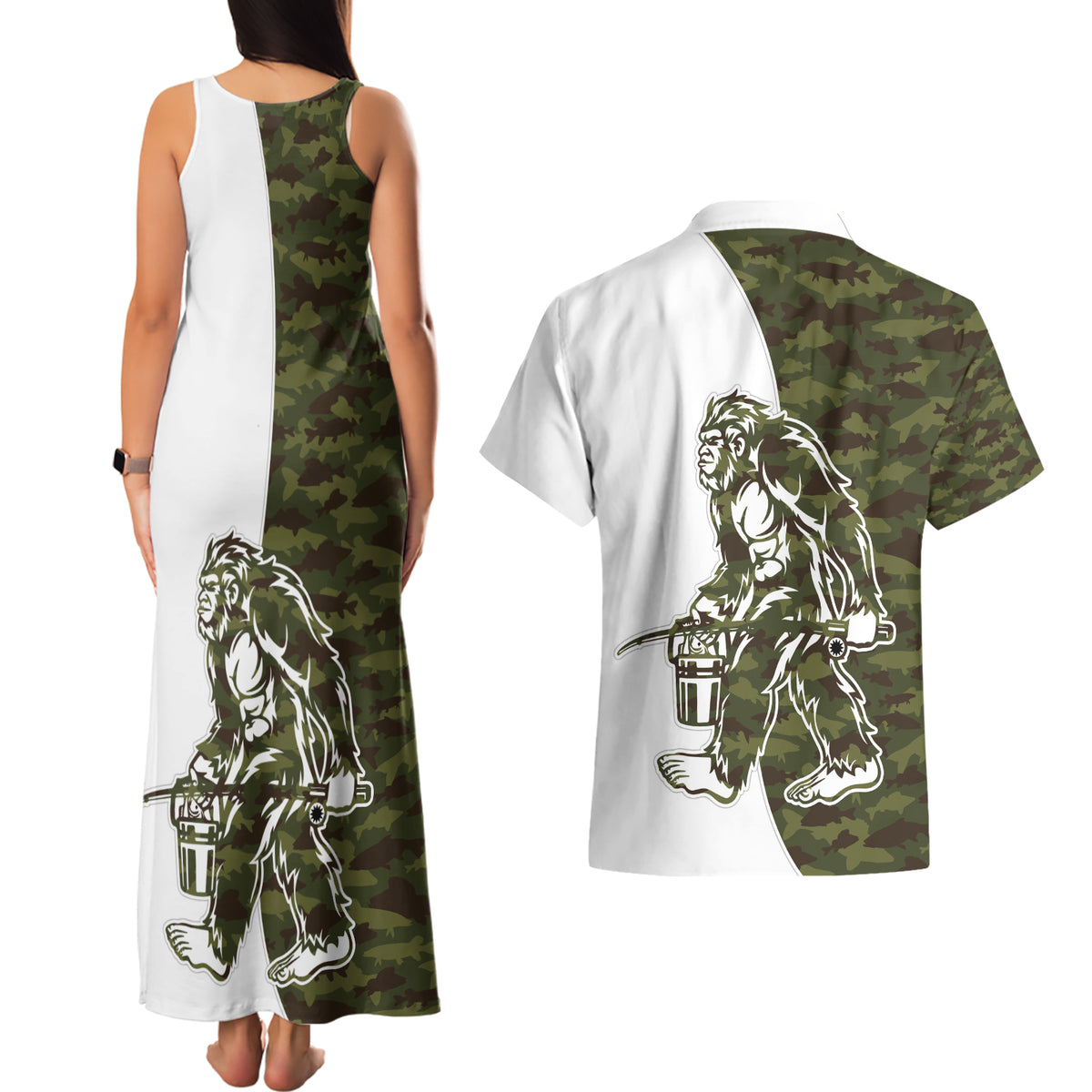 Funny Bigfoot Green Military Texture Fish Couples Matching Tank Maxi Dress and Hawaiian Shirt - Wonder Print Shop