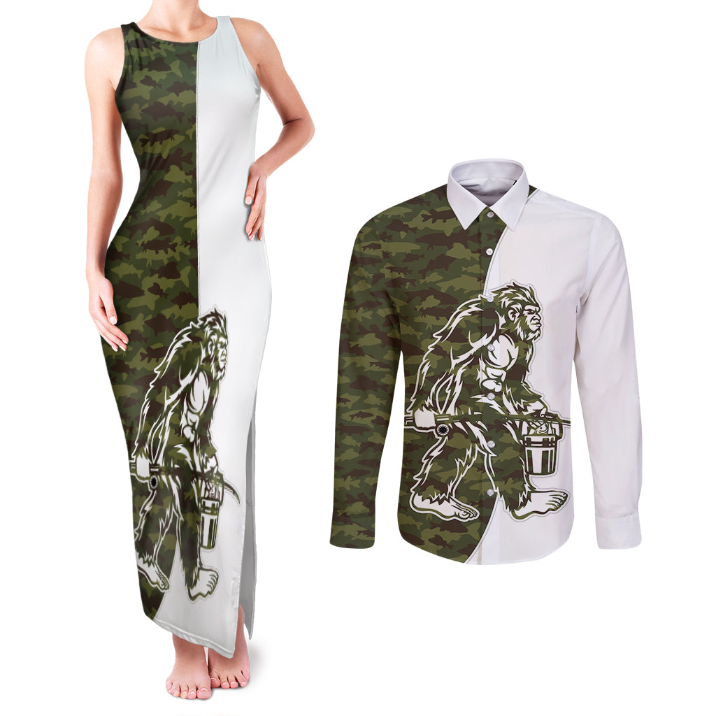 Funny Bigfoot Green Military Texture Fish Couples Matching Tank Maxi Dress and Long Sleeve Button Shirt - Wonder Print Shop