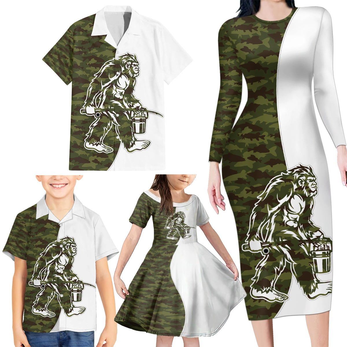 Funny Bigfoot Green Military Texture Fish Family Matching Long Sleeve Bodycon Dress and Hawaiian Shirt - Wonder Print Shop
