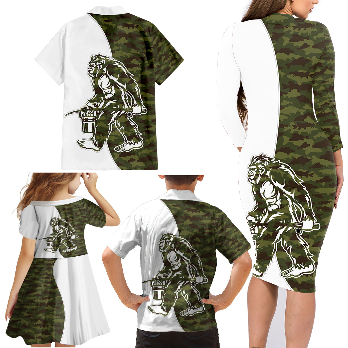 Funny Bigfoot Green Military Texture Fish Family Matching Long Sleeve Bodycon Dress and Hawaiian Shirt - Wonder Print Shop