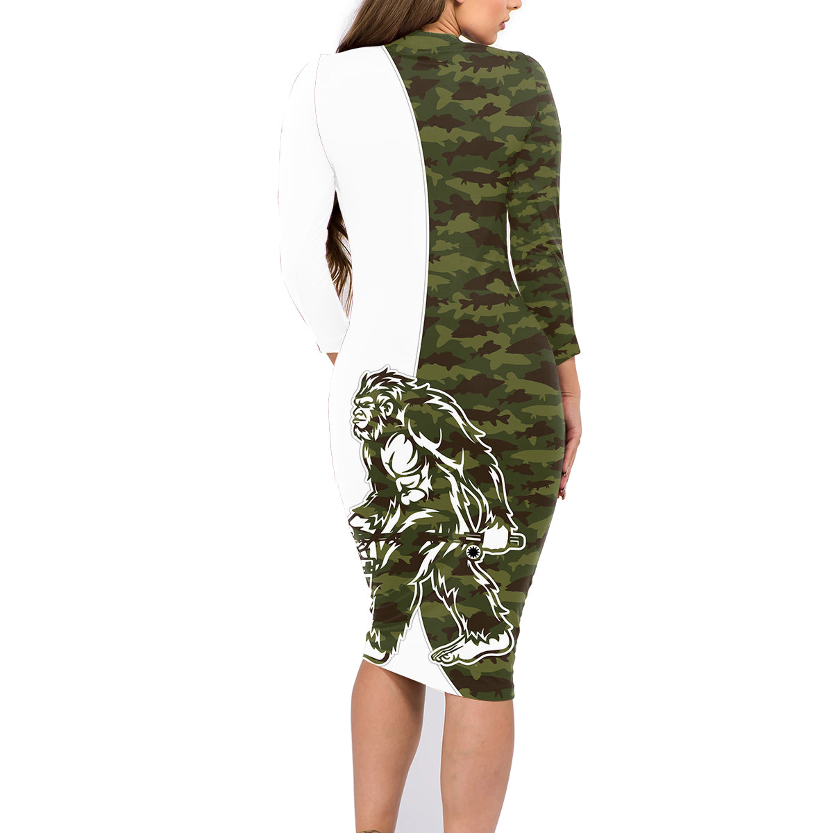 Funny Bigfoot Green Military Texture Fish Family Matching Long Sleeve Bodycon Dress and Hawaiian Shirt - Wonder Print Shop