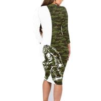 Funny Bigfoot Green Military Texture Fish Family Matching Long Sleeve Bodycon Dress and Hawaiian Shirt - Wonder Print Shop