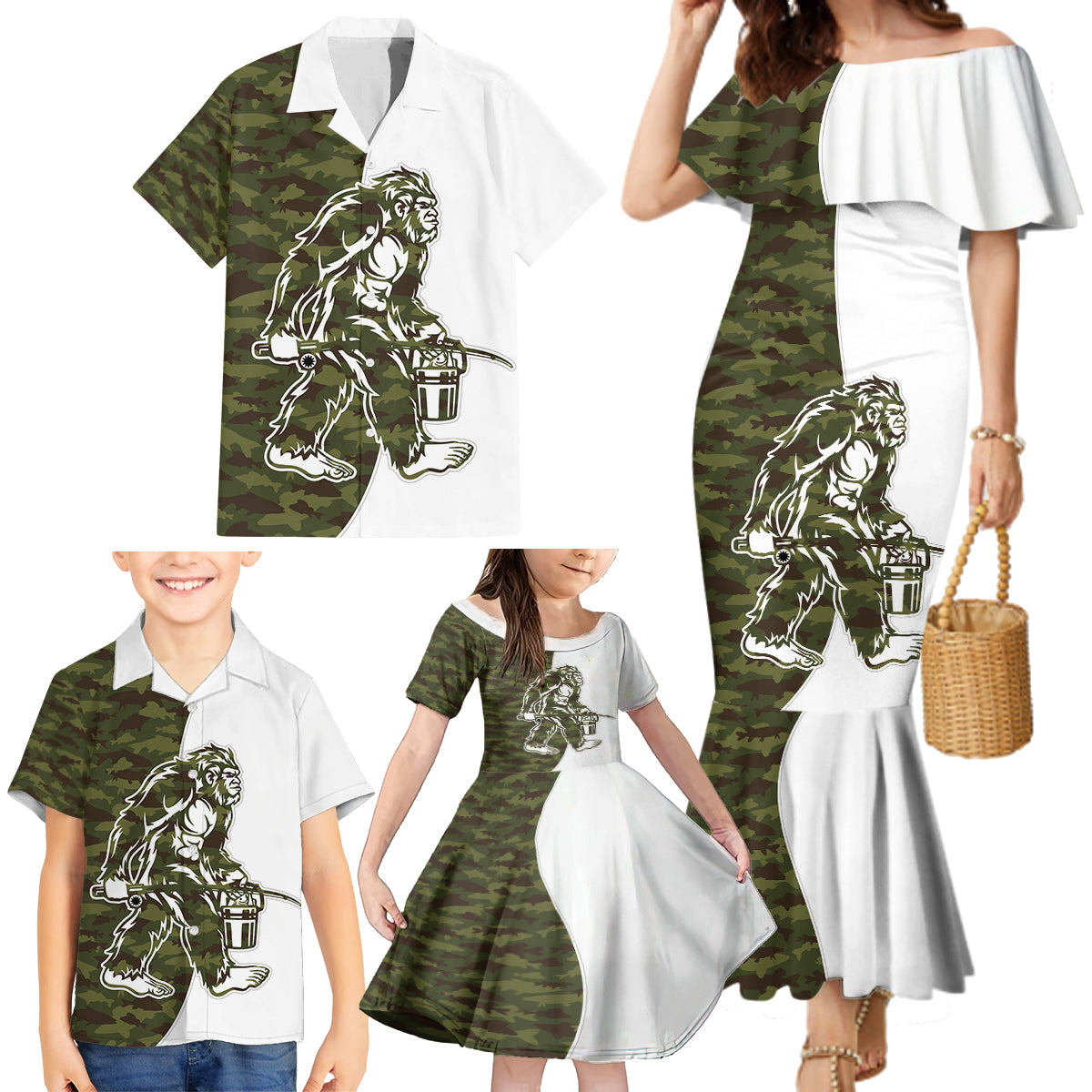 Funny Bigfoot Green Military Texture Fish Family Matching Mermaid Dress and Hawaiian Shirt - Wonder Print Shop