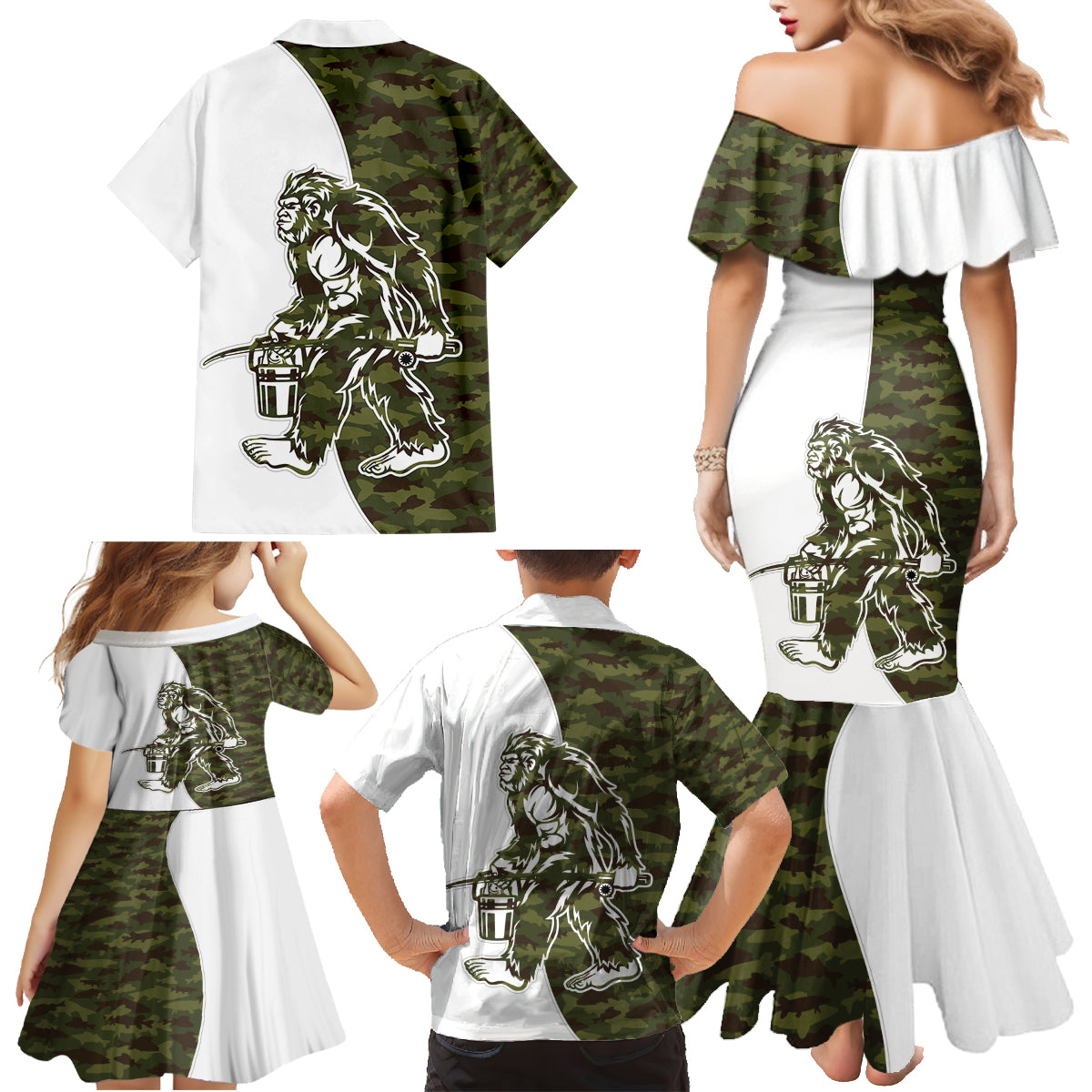Funny Bigfoot Green Military Texture Fish Family Matching Mermaid Dress and Hawaiian Shirt - Wonder Print Shop