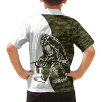 Funny Bigfoot Green Military Texture Fish Family Matching Off The Shoulder Long Sleeve Dress and Hawaiian Shirt - Wonder Print Shop