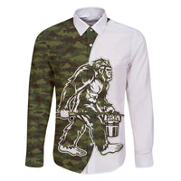 Funny Bigfoot Green Military Texture Fish Family Matching Off The Shoulder Long Sleeve Dress and Hawaiian Shirt - Wonder Print Shop