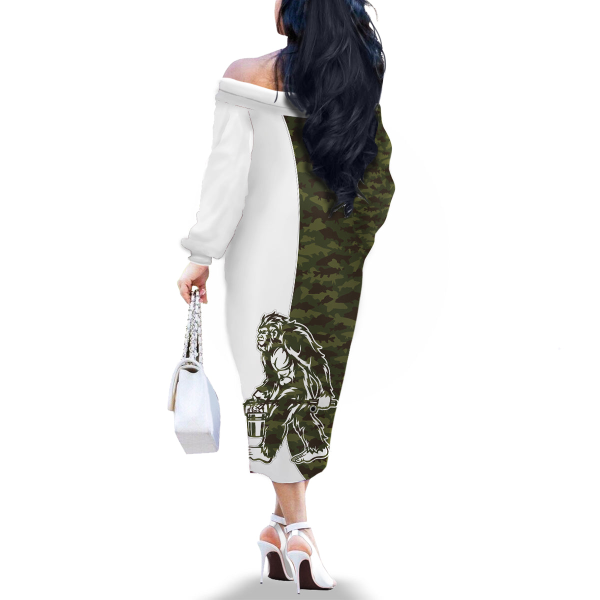 Funny Bigfoot Green Military Texture Fish Family Matching Off The Shoulder Long Sleeve Dress and Hawaiian Shirt - Wonder Print Shop