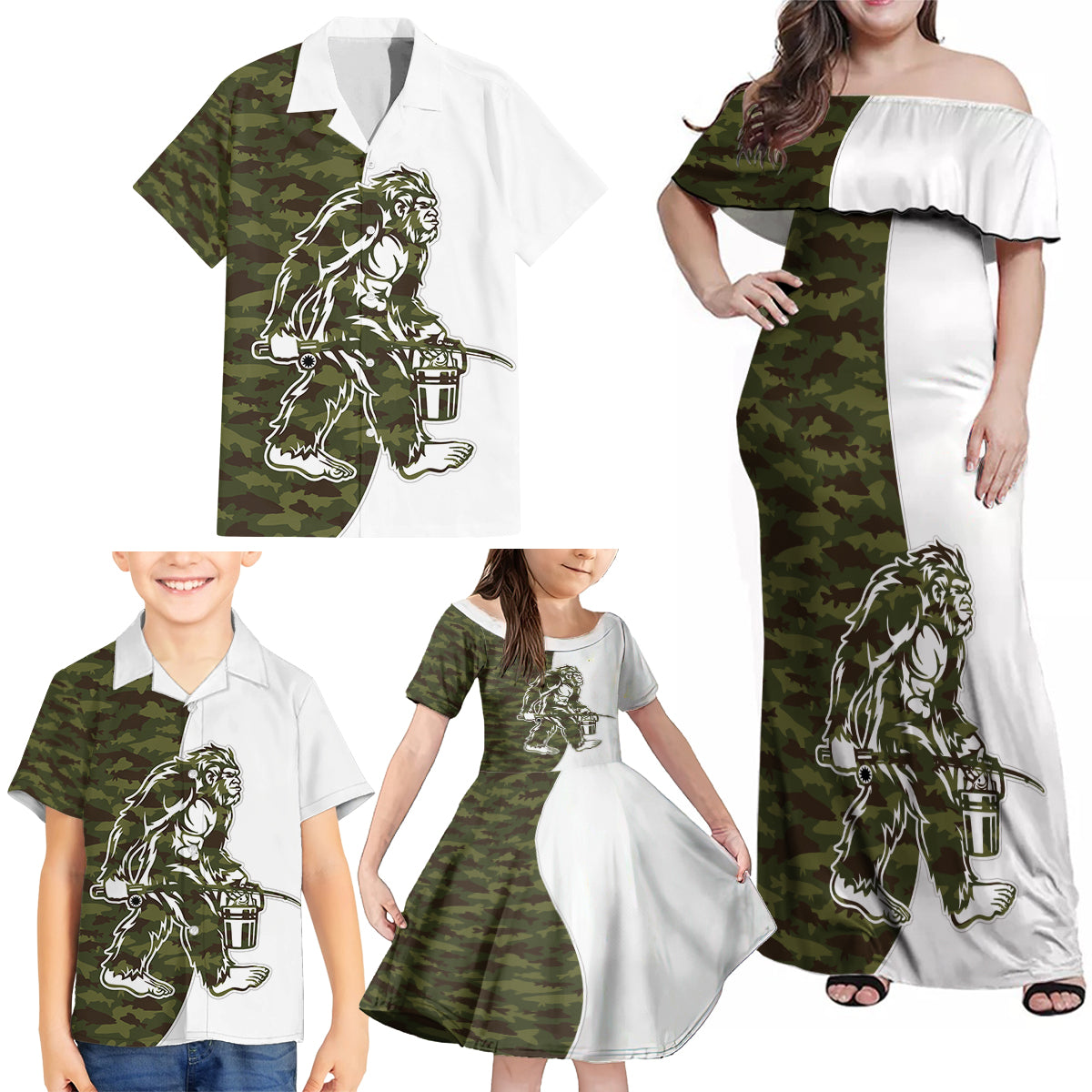 Funny Bigfoot Green Military Texture Fish Family Matching Off Shoulder Maxi Dress and Hawaiian Shirt - Wonder Print Shop