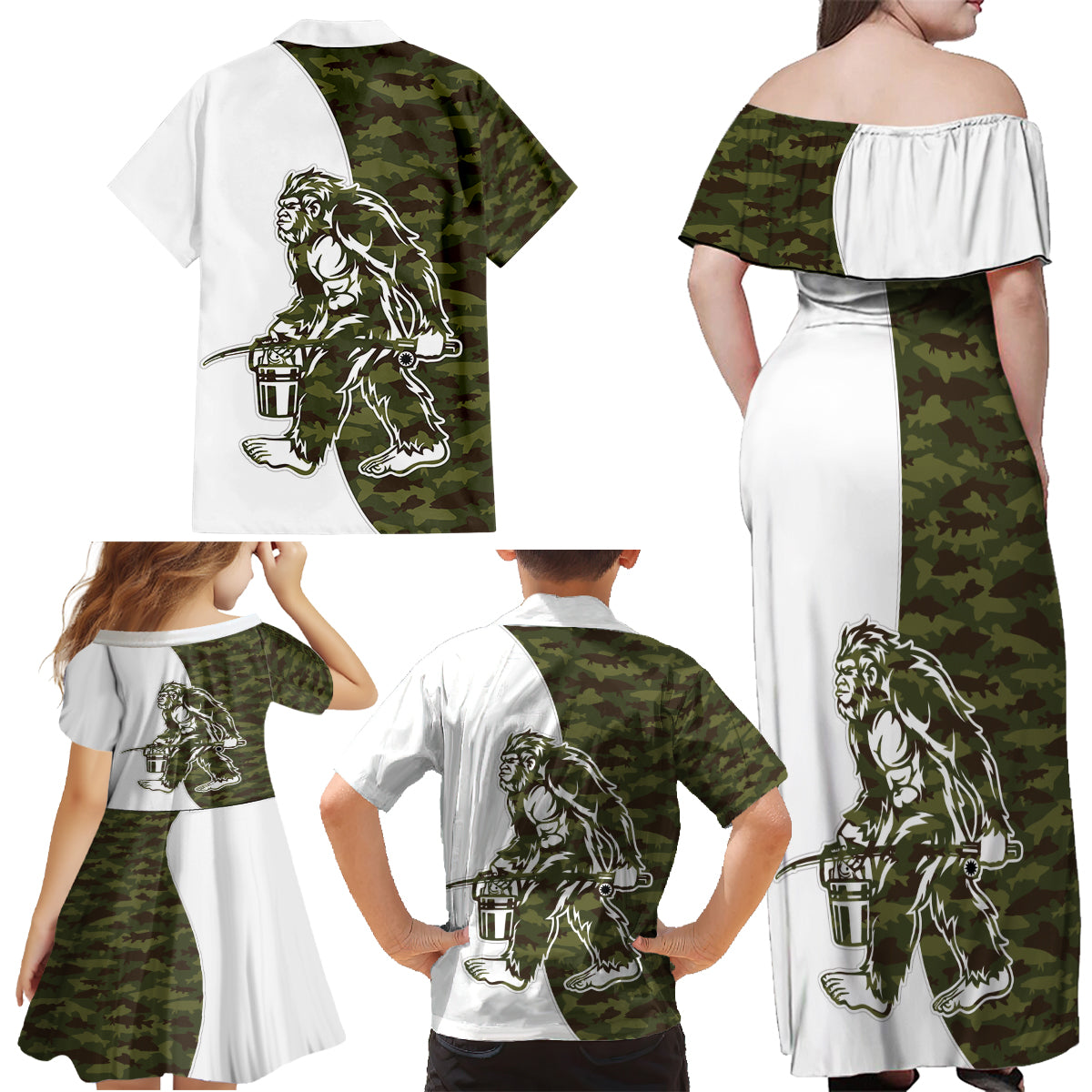 Funny Bigfoot Green Military Texture Fish Family Matching Off Shoulder Maxi Dress and Hawaiian Shirt - Wonder Print Shop