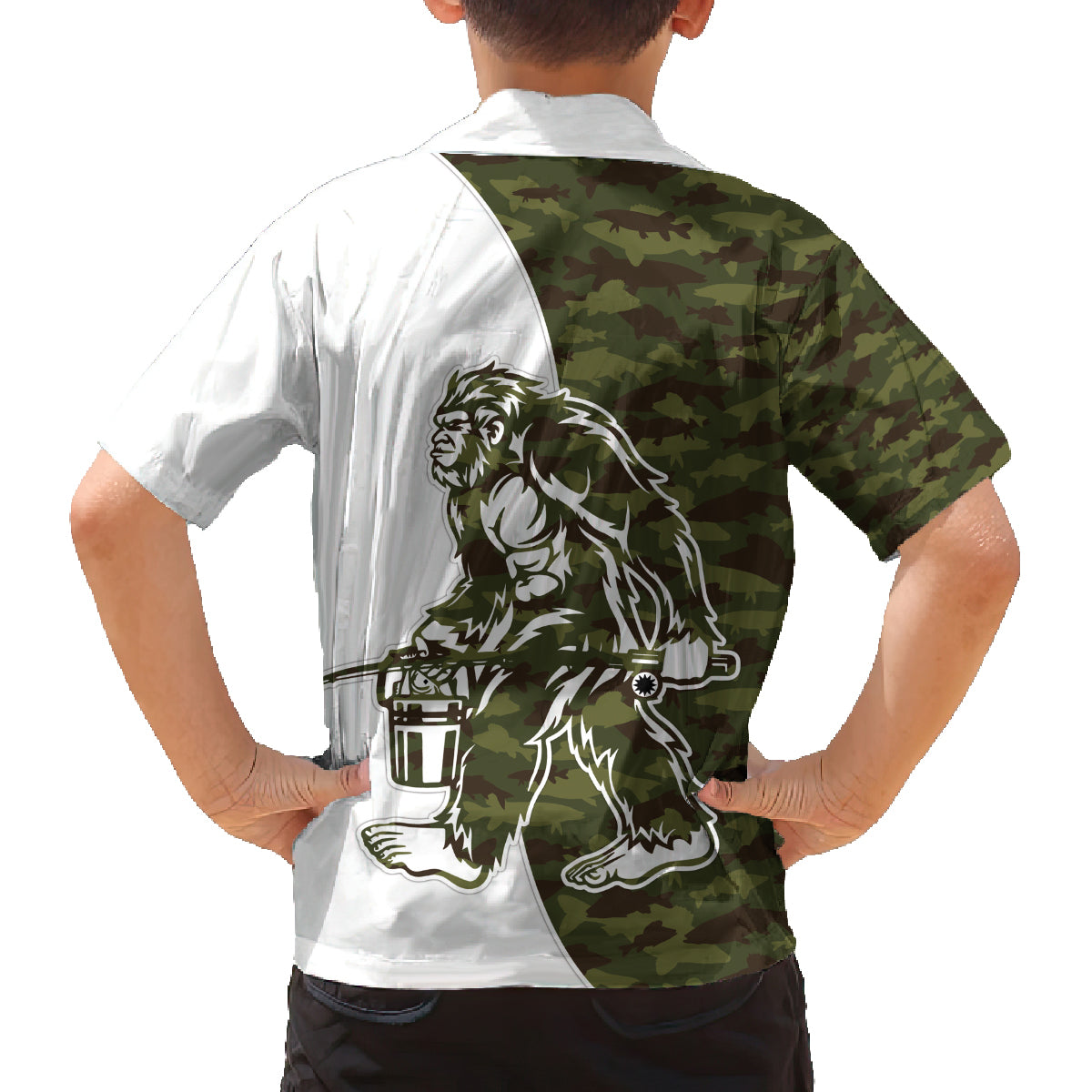 Funny Bigfoot Green Military Texture Fish Family Matching Off Shoulder Short Dress and Hawaiian Shirt - Wonder Print Shop