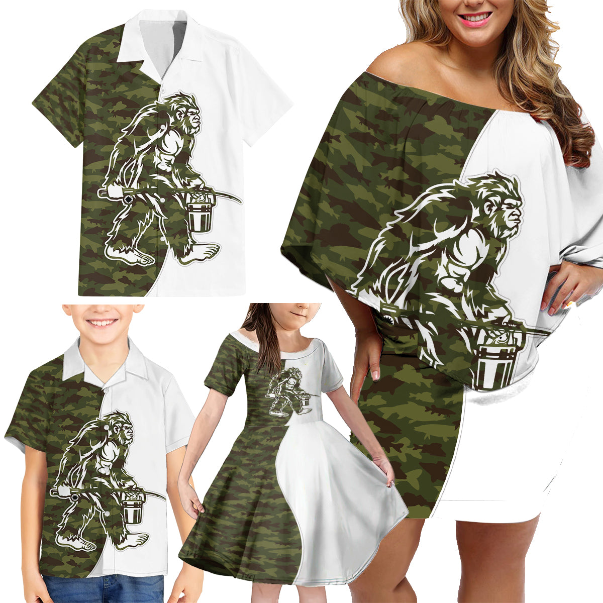 Funny Bigfoot Green Military Texture Fish Family Matching Off Shoulder Short Dress and Hawaiian Shirt - Wonder Print Shop