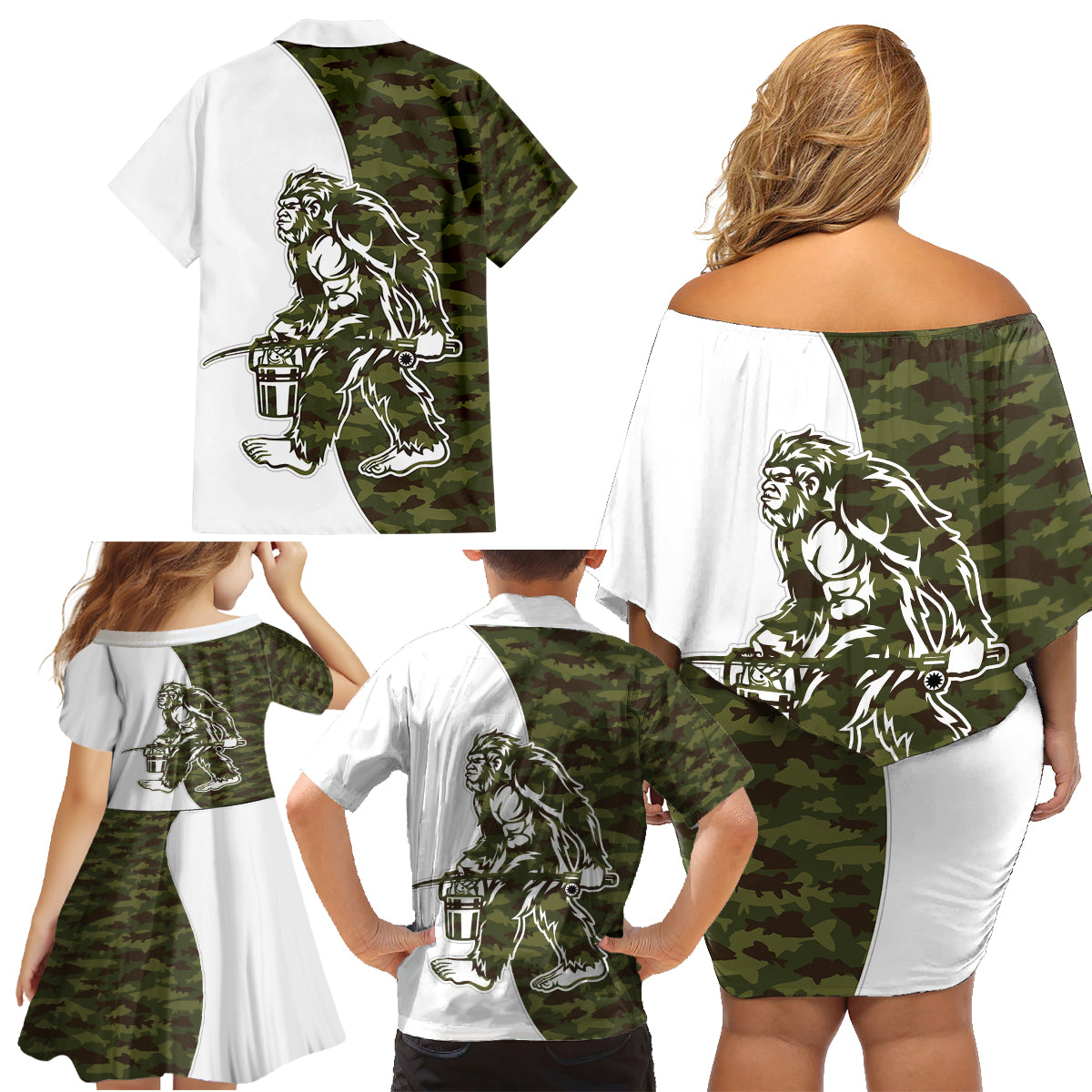 Funny Bigfoot Green Military Texture Fish Family Matching Off Shoulder Short Dress and Hawaiian Shirt - Wonder Print Shop