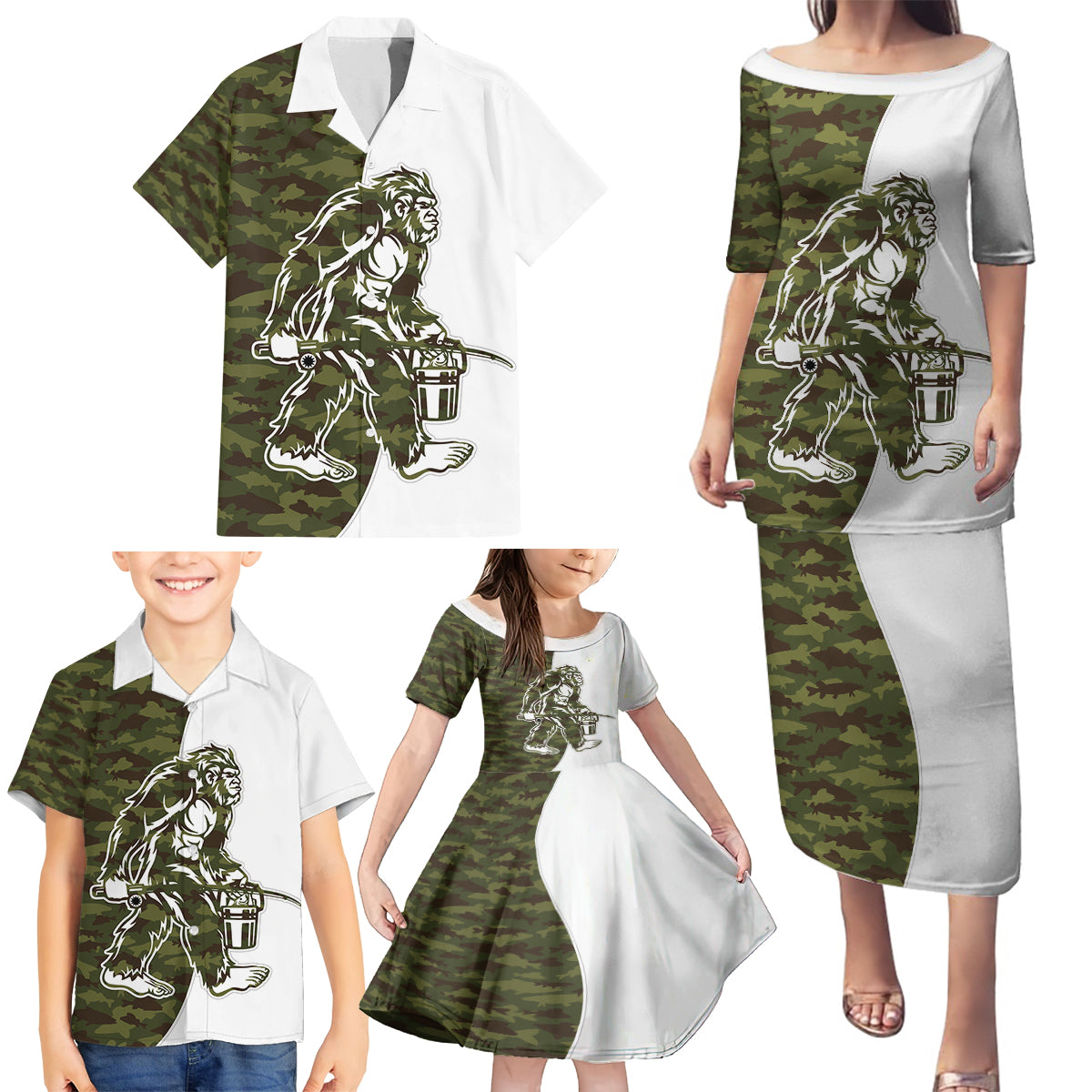 Funny Bigfoot Green Military Texture Fish Family Matching Puletasi and Hawaiian Shirt - Wonder Print Shop