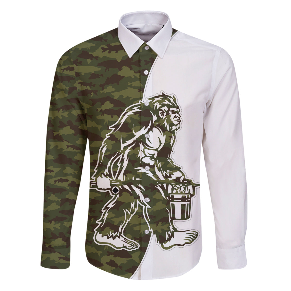Funny Bigfoot Green Military Texture Fish Family Matching Puletasi and Hawaiian Shirt - Wonder Print Shop