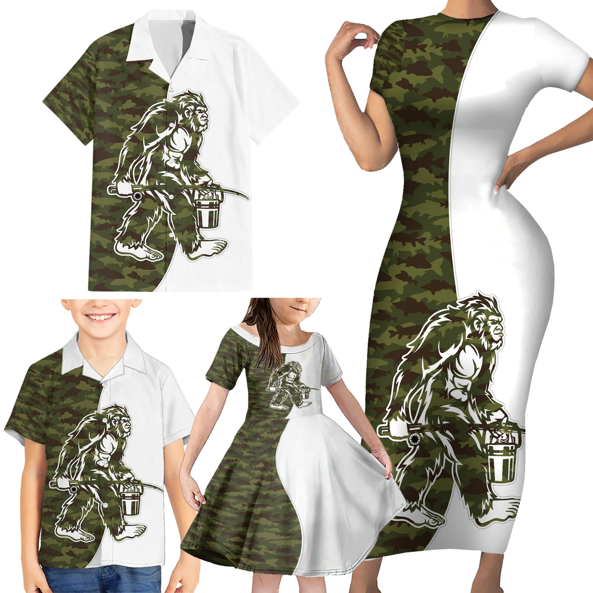 Funny Bigfoot Green Military Texture Fish Family Matching Short Sleeve Bodycon Dress and Hawaiian Shirt - Wonder Print Shop