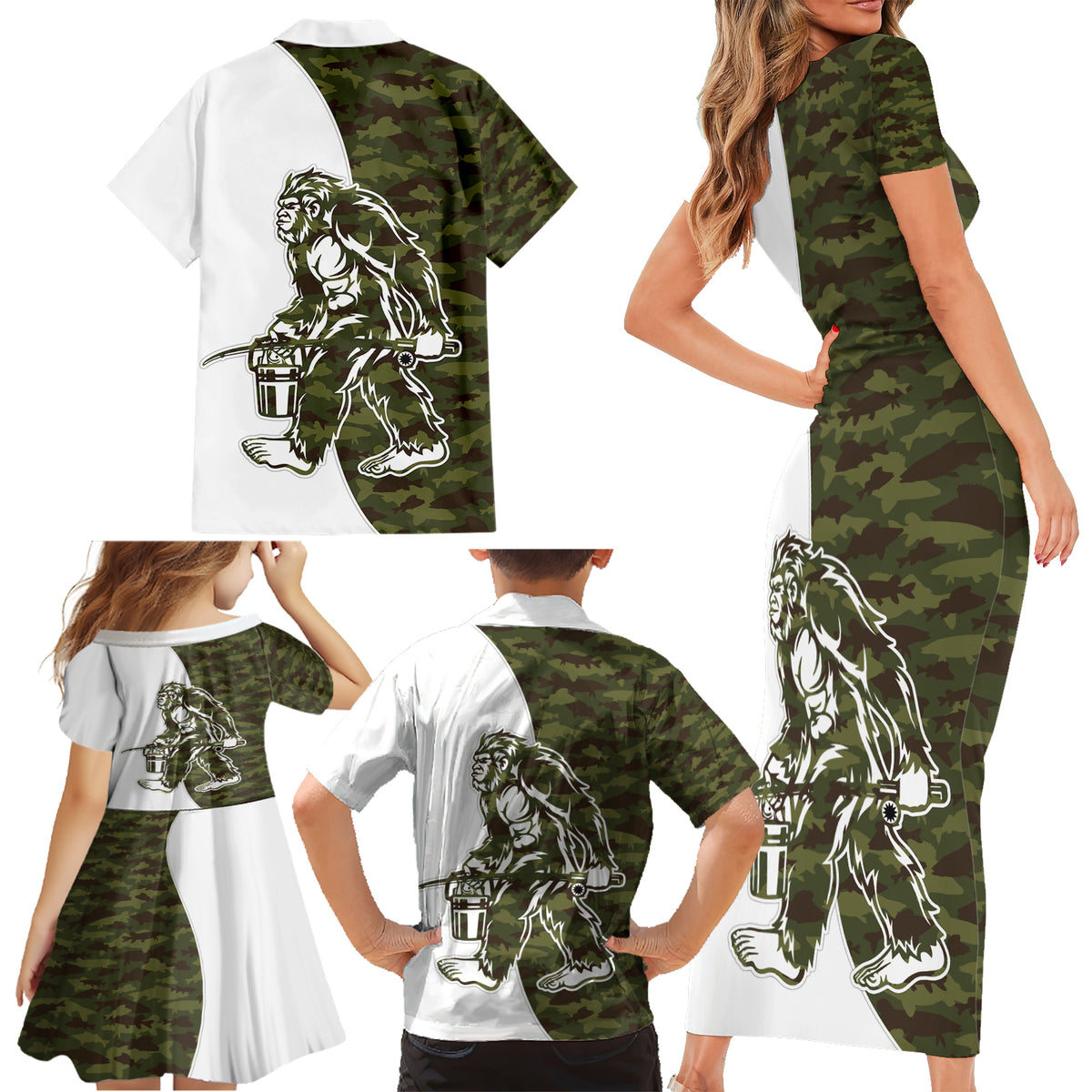 Funny Bigfoot Green Military Texture Fish Family Matching Short Sleeve Bodycon Dress and Hawaiian Shirt - Wonder Print Shop