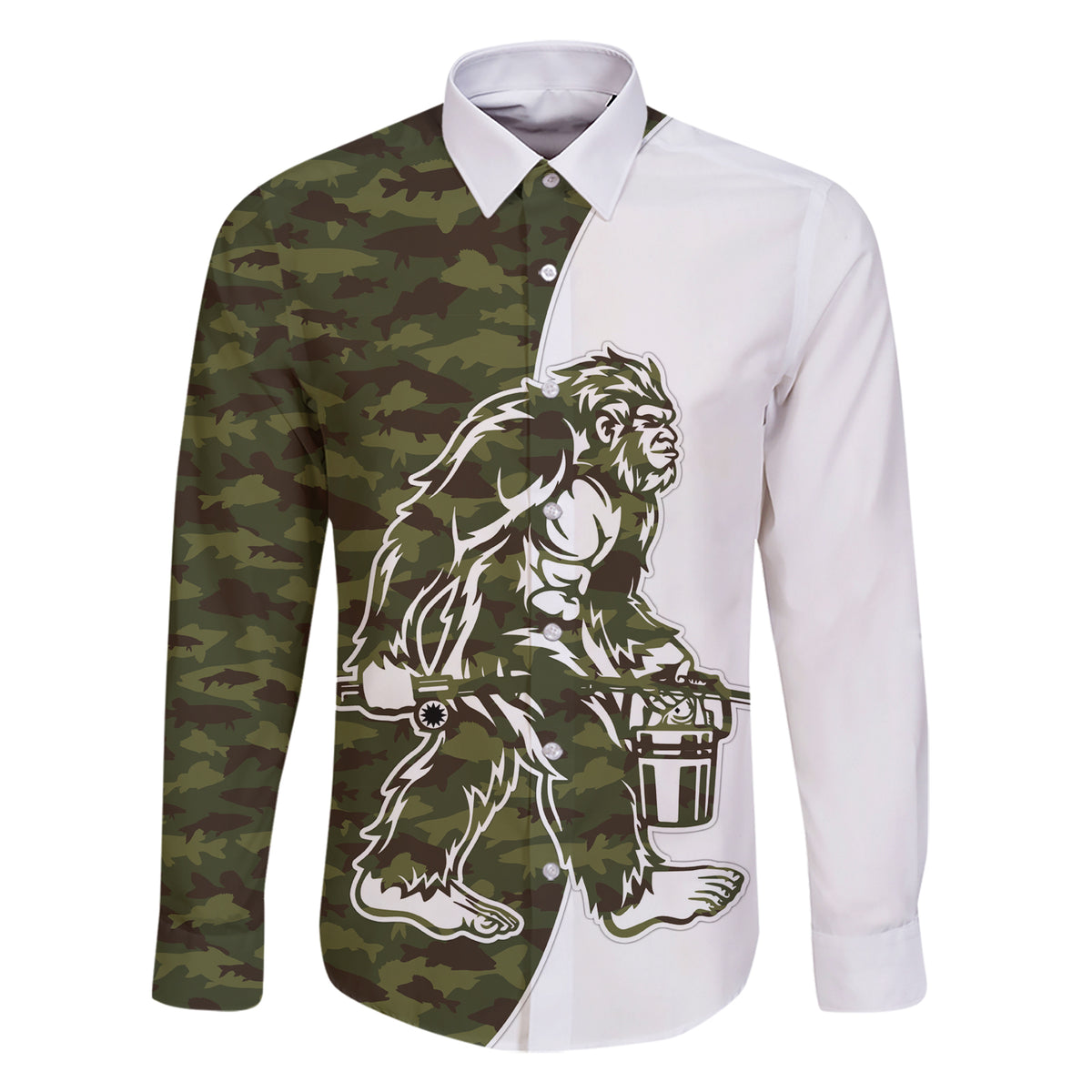 Funny Bigfoot Green Military Texture Fish Family Matching Short Sleeve Bodycon Dress and Hawaiian Shirt - Wonder Print Shop