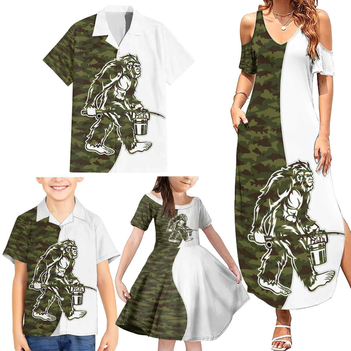 Funny Bigfoot Green Military Texture Fish Family Matching Summer Maxi Dress and Hawaiian Shirt - Wonder Print Shop