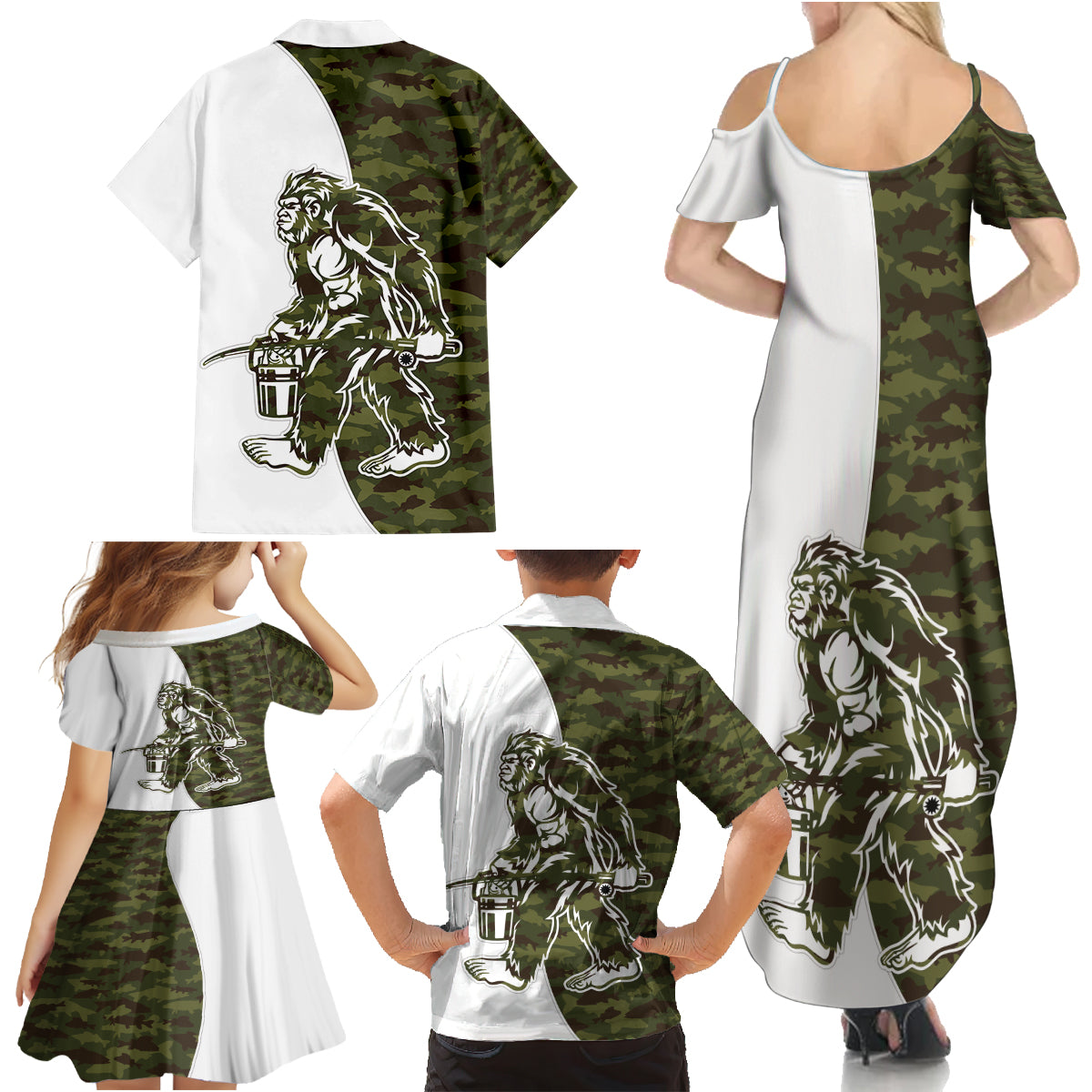 Funny Bigfoot Green Military Texture Fish Family Matching Summer Maxi Dress and Hawaiian Shirt - Wonder Print Shop