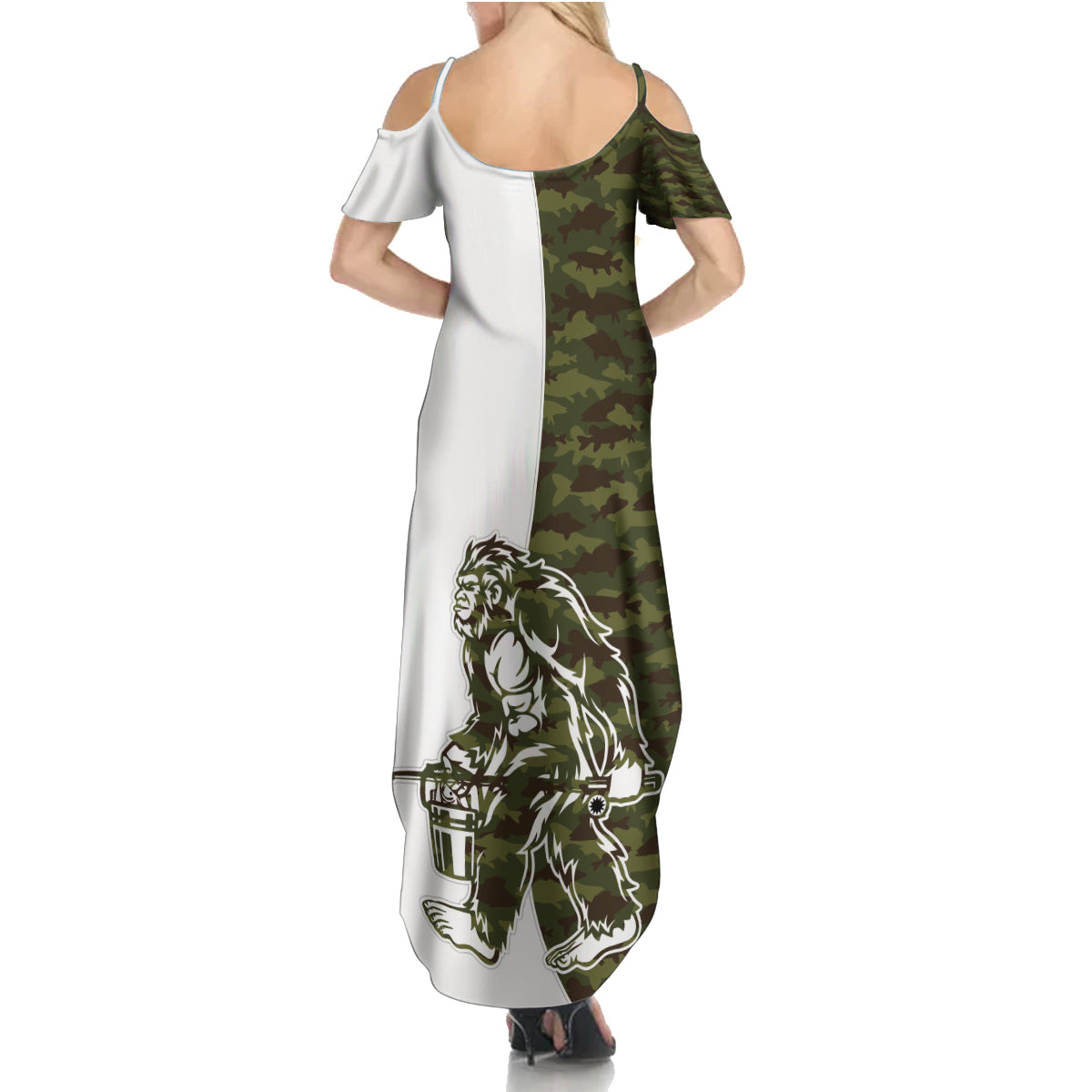 Funny Bigfoot Green Military Texture Fish Family Matching Summer Maxi Dress and Hawaiian Shirt - Wonder Print Shop