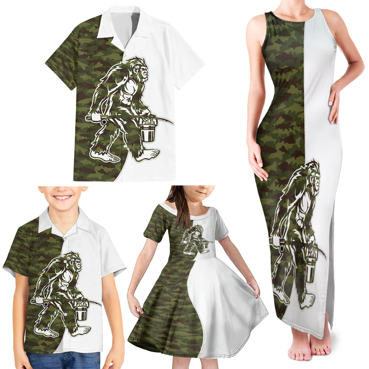 Funny Bigfoot Green Military Texture Fish Family Matching Tank Maxi Dress and Hawaiian Shirt - Wonder Print Shop