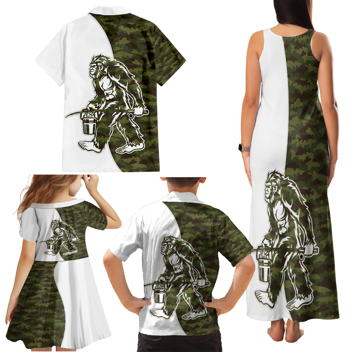 Funny Bigfoot Green Military Texture Fish Family Matching Tank Maxi Dress and Hawaiian Shirt - Wonder Print Shop