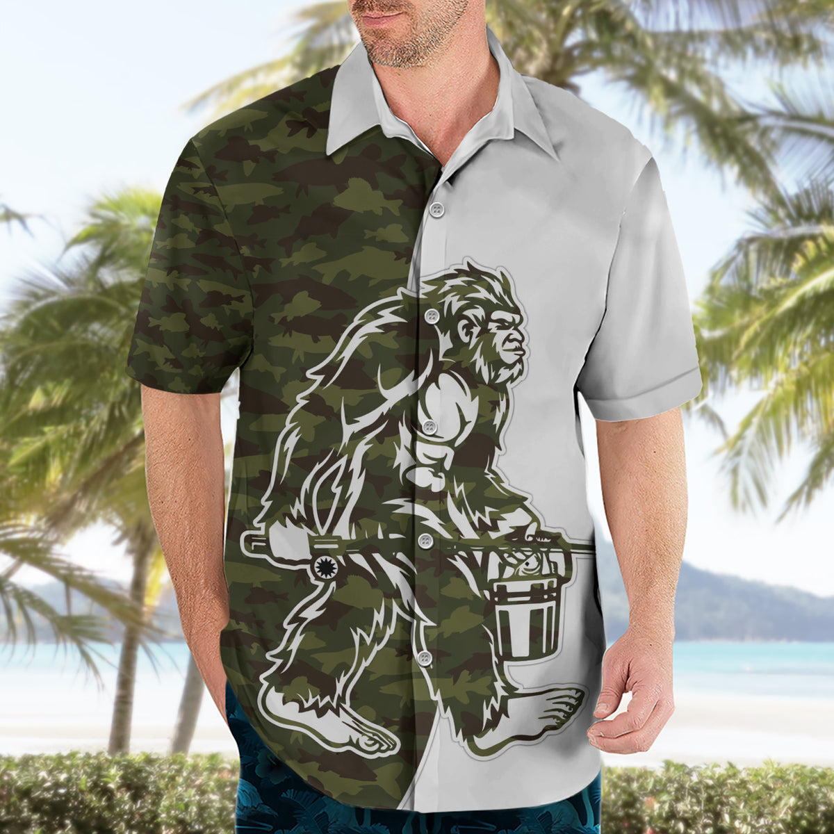 Funny Bigfoot Green Military Texture Fish Hawaiian Shirt - Wonder Print Shop