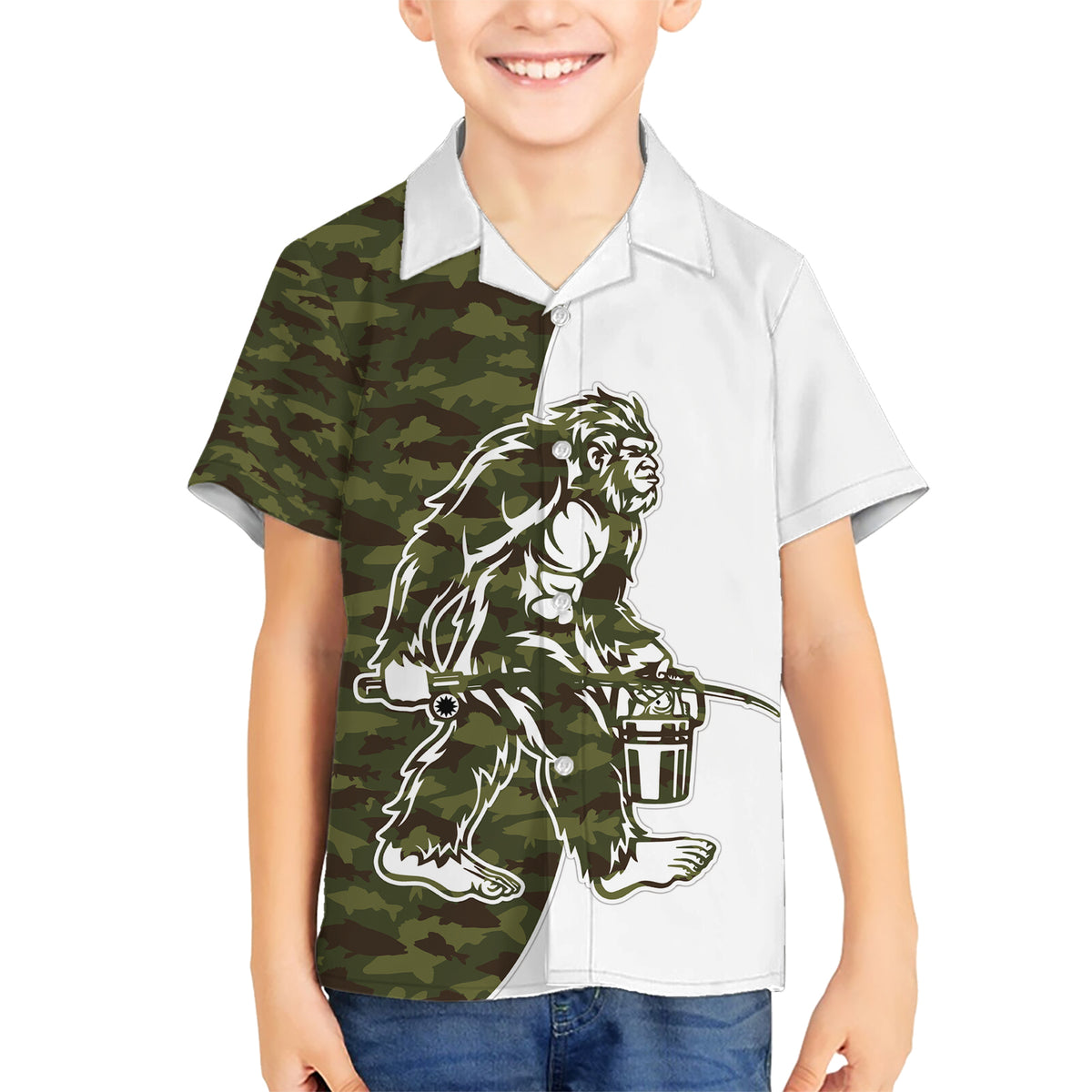 Funny Bigfoot Green Military Texture Fish Kid Hawaiian Shirt - Wonder Print Shop